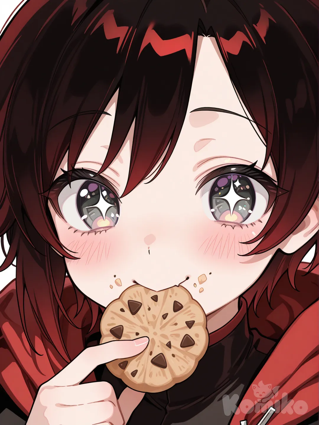 ruby rose, eating her favorite snack cookies in a very adorable way