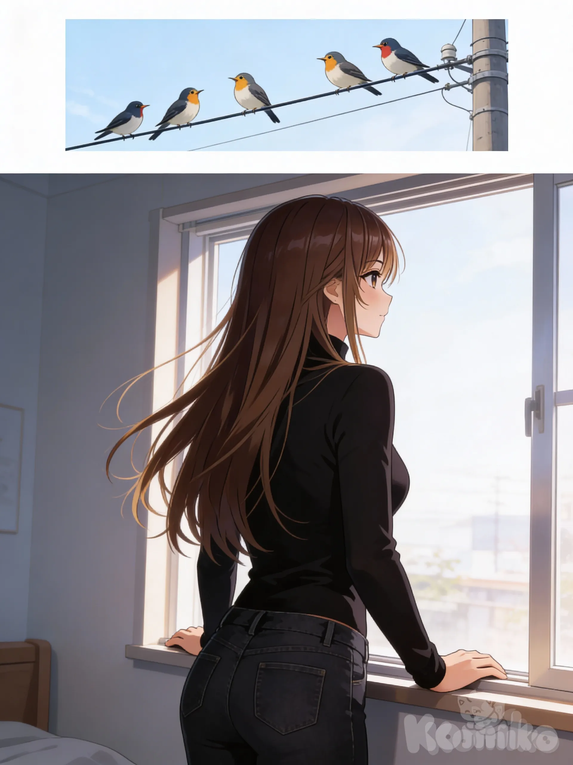 Panel dominante principal:
entonces lo quiero con plano medio largo, espalda tres cuartos,De pie frente a la ventana de su cuarto, mirada observando la ventana,Manos apoyadas suavemente en el marco,Cabello cayendo natural, apenas movido.
Panel pequeño: 
Pájaros cantando, encima de un cable de luz