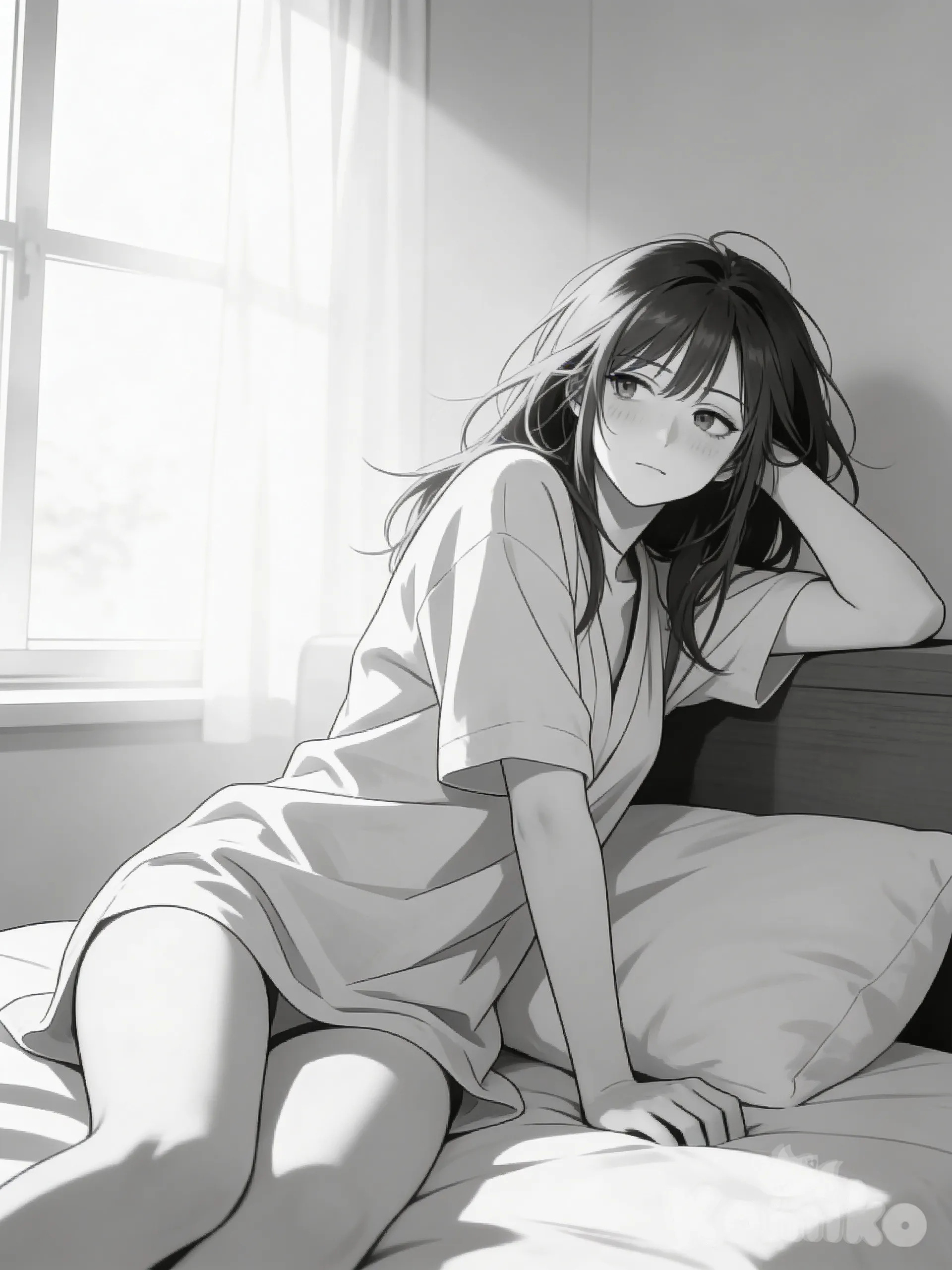 1girl, anime style, manga style,
young woman, slim body,
clean lineart, smooth lines,
soft shading, grayscale, monochrome,
realistic proportions,
soft lighting, low contrast,

partially sitting on bed,
leaning to the side,
supporting body with one arm,
slouched posture,
sleep-heavy body,
natural gravity, unposed,

drowsy expression,
unfocused eyes,
looking away,
not looking at viewer,
gaze off to the side,
relaxed face,
messy hair,

simple sleepwear,
loose pajama shirt,

bedroom, morning,
sunlight through window,
calm mood, slice of life,
panel composition,
eye-level angle, slight side angle