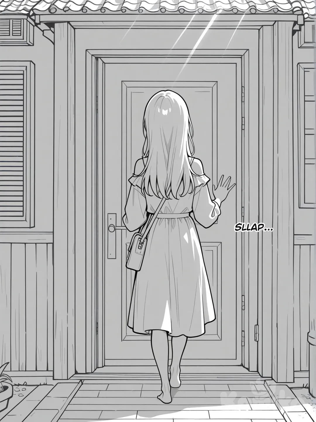 anime manga style, grayscale, monochrome,
clean lineart, soft shading,
slice of life, calm morning atmosphere

16:9 wide panel, cinematic composition

MAIN PANEL:
young adult woman leaving her house in the morning,
back view,
walking out through the front door,
natural relaxed posture,
slightly slow steps,
long hair falling naturally,
casual daily outfit,
wearing a shoulder bag,
crossbody bag,
bag strap clearly visible across her torso,
bag resting on her hip,
she is NOT looking at the viewer,
door open,
soft morning sunlight entering,
quiet residential street outside

BODY LANGUAGE:
relaxed shoulders,
unhurried movement,
subtle calm expression suggested by posture

NARRATION BOX (top, small):
"La mañana avanzaba sin prisa."

SFX (near feet, subtle):
トン… トン…
(soft footsteps)

OVERLAY PANEL (small, superposed):
close-up of her hand gently closing the front door,
door almost shut,
soft light fading inside the house

SFX (small):
カチャ

NARRATION BOX (small):
"Como siempre…"