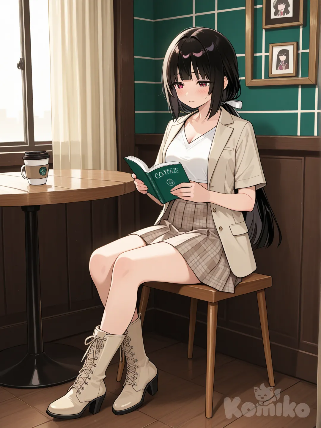 Jabami yumeko con su cabello negro Lleva una chaqueta tipo blazer color beige claro, abierta al frente, de tela suave y caída ligera. Debajo usa un top corto blanco tipo crop top cruzado, con escote en “V” profundo y tirantes anchos. La parte inferior es una falda corta tipo tableada en tono marrón claro con patrón de cuadros finos, estilo colegiala moderna. Complementa el conjunto con unas botas altas hasta las rodillas en color beige arena, de acabado liso y tacón medio. El look tiene un aire sofisticado y urbano, con una paleta de colores neutros (blanco, beige, marrón claro). Peinado con el cabello liso, recogido en una coleta baja o media hacia atrás. Lleva un flequillo estilo cortina: más corto en el centro de la frente y alargado gradualmente hacia los lados, integrándose con el resto del cabello. El fleco enmarca el rostro de forma suave y natural. Esta sentada en una cafeteria, leyendo un libro y tomando una taza de cafe con cara de nerviosismo