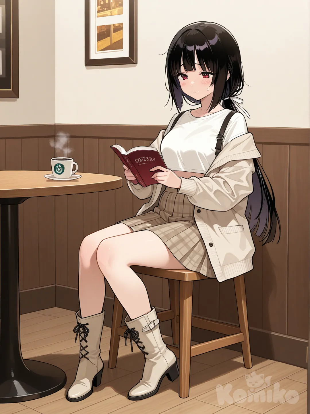 Jabami yumeko con su cabello negro Lleva una chaqueta tipo blazer color beige claro, abierta al frente, de tela suave y caída ligera. Debajo usa un top corto blanco tipo crop top cruzado, con escote en “V” profundo y tirantes anchos. La parte inferior es una falda corta tipo tableada en tono marrón claro con patrón de cuadros finos, estilo colegiala moderna. Complementa el conjunto con unas botas altas hasta las rodillas en color beige arena, de acabado liso y tacón medio. El look tiene un aire sofisticado y urbano, con una paleta de colores neutros (blanco, beige, marrón claro). Peinado con el cabello liso, recogido en una coleta baja o media hacia atrás. Lleva un flequillo estilo cortina: más corto en el centro de la frente y alargado gradualmente hacia los lados, integrándose con el resto del cabello. El fleco enmarca el rostro de forma suave y natural. Esta sentada en una cafeteria, leyendo un libro con cara de nerviosismo