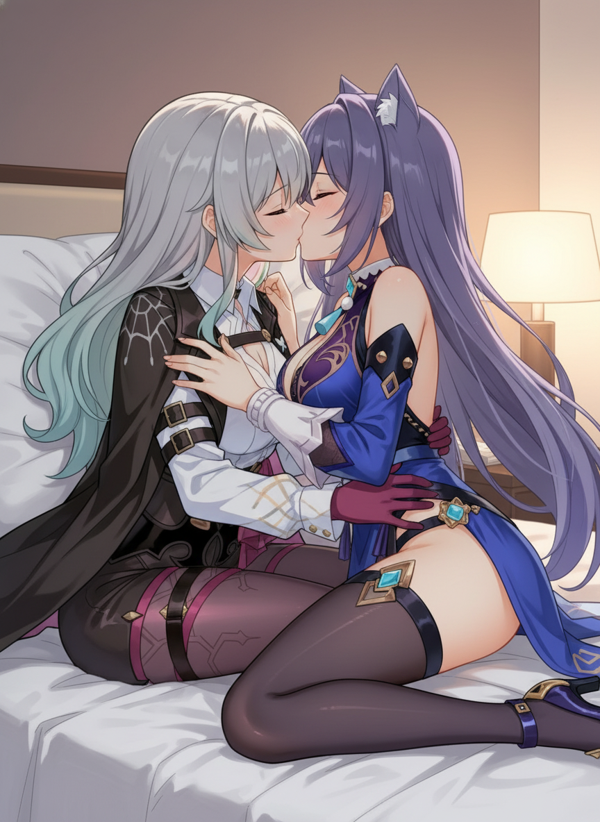 @body-swap-keqing-eQ1V y , @body-swap-firefly-ObF6 están en la cama de una habitación de hotel besándose de forma apasinada mientras se tocan mutuamente de forma pervertida, has un acercamiento a ellas