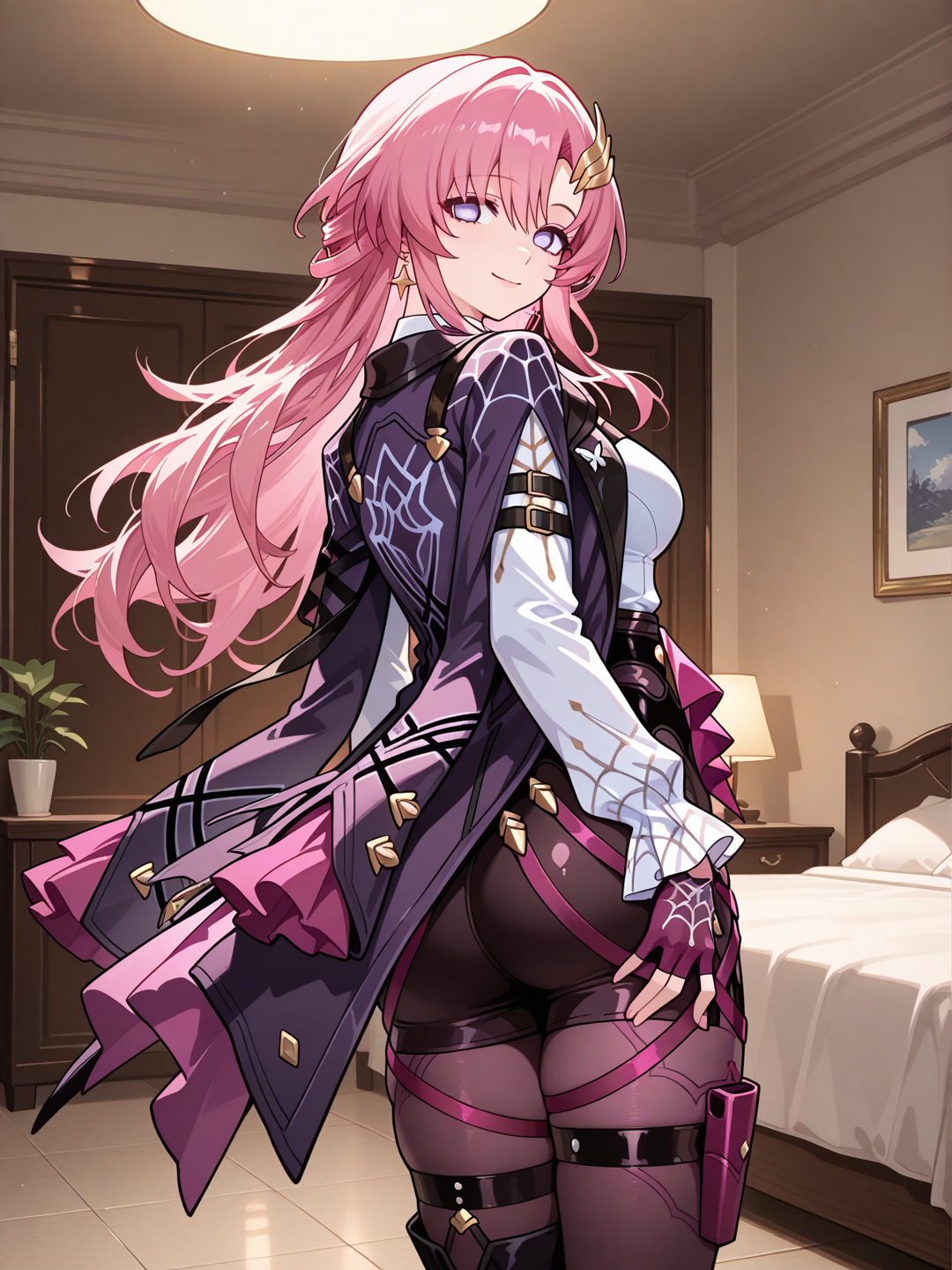 Lacus clyne, disfrazada de kafka de honkai star rail, esta usando las mismas ropas que kafka, esta parada en su habitación tocandose las nalgas con curiosidad