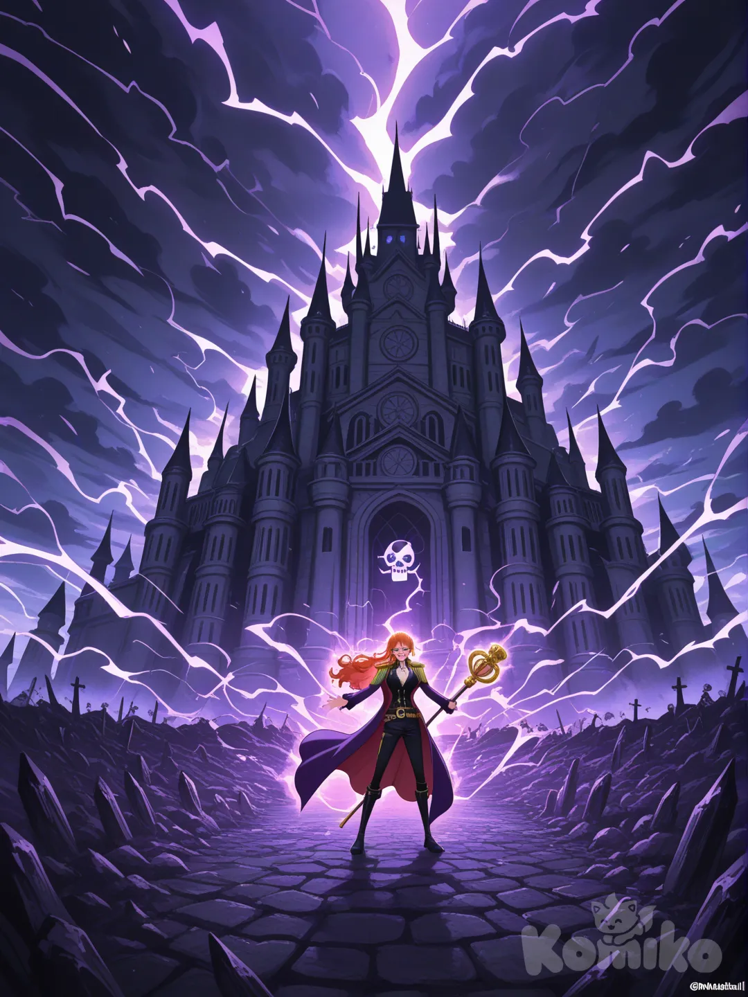 Full anime-style scene inspired by One Piece: a huge dark pirate castle that fuses Boa Hancock’s elegant palace with the ominous, chaotic Marshall D. Teach (Blackbeard). The fortress is made of black stone and gold, surrounded by storm clouds, purple lightning, and a dark turbulent sea.
In front of the castle gates stand Teachified Nami and Marshall D. Teach.
Nami has long dark-red hair, wearing a black and purple pirate coat with gold ornaments, her eyes glowing with lightning energy. She wields a staff or spear crackling with thunder and darkness, smiling confidently.
Next to her, Blackbeard is huge and menacing, laughing loudly with dark shadows swirling around him.
Style: vibrant anime, character design, dramatic lighting, expressive faces, dynamic poses, cinematic composition, highly background, epic atmosphere, One Piece visual style