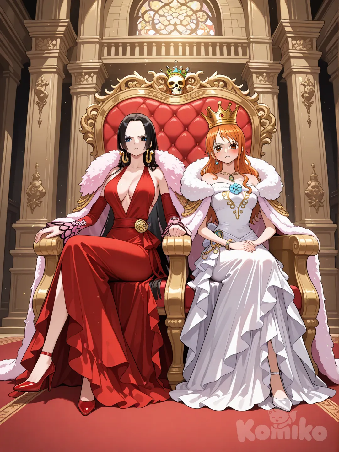 nami (one piece), dress like, boa hancock, on throne of Amazon Lily, Boa Hancock putting a crown on nami