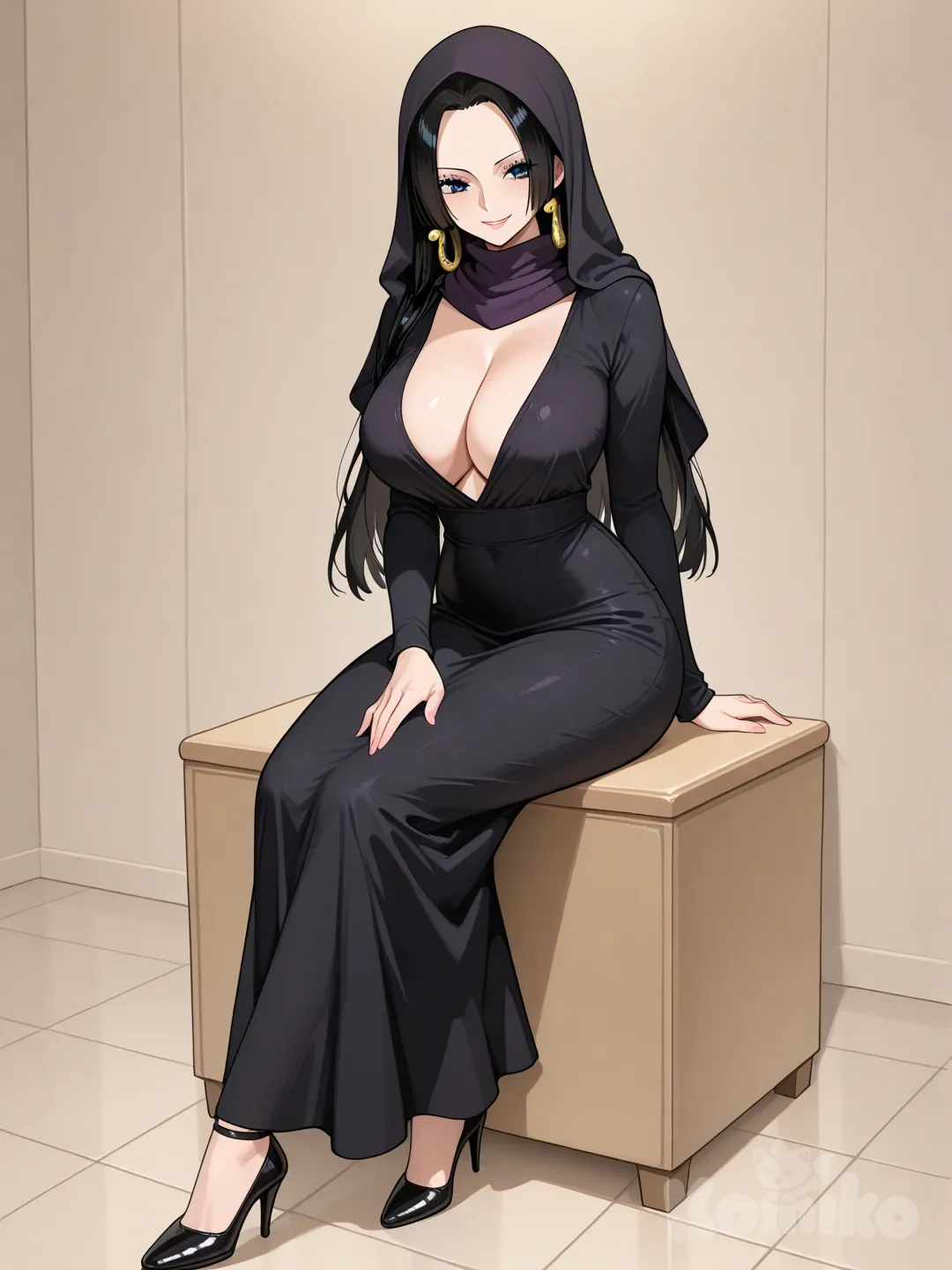 Hentai, boa hancock, sexy, demonicus long dress, Black dress, high heels, hijab