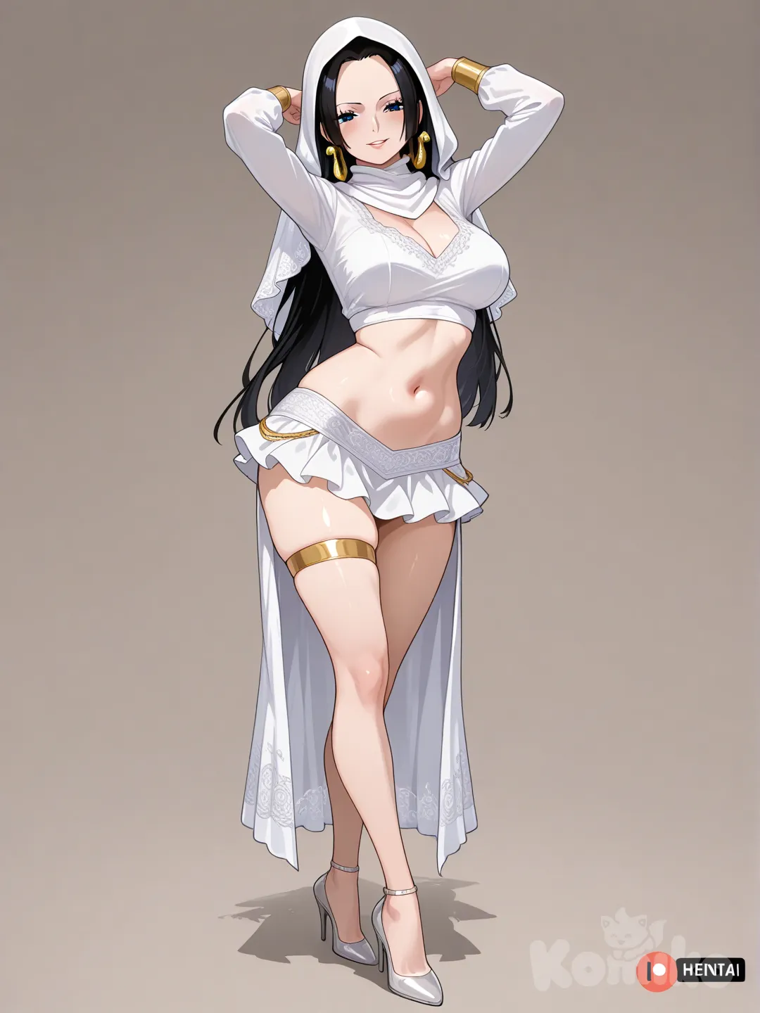 Hentai, Boa Hancock, belly dancer, mini skirt,high heels,sexy, full body, black wedding dress, hijab
