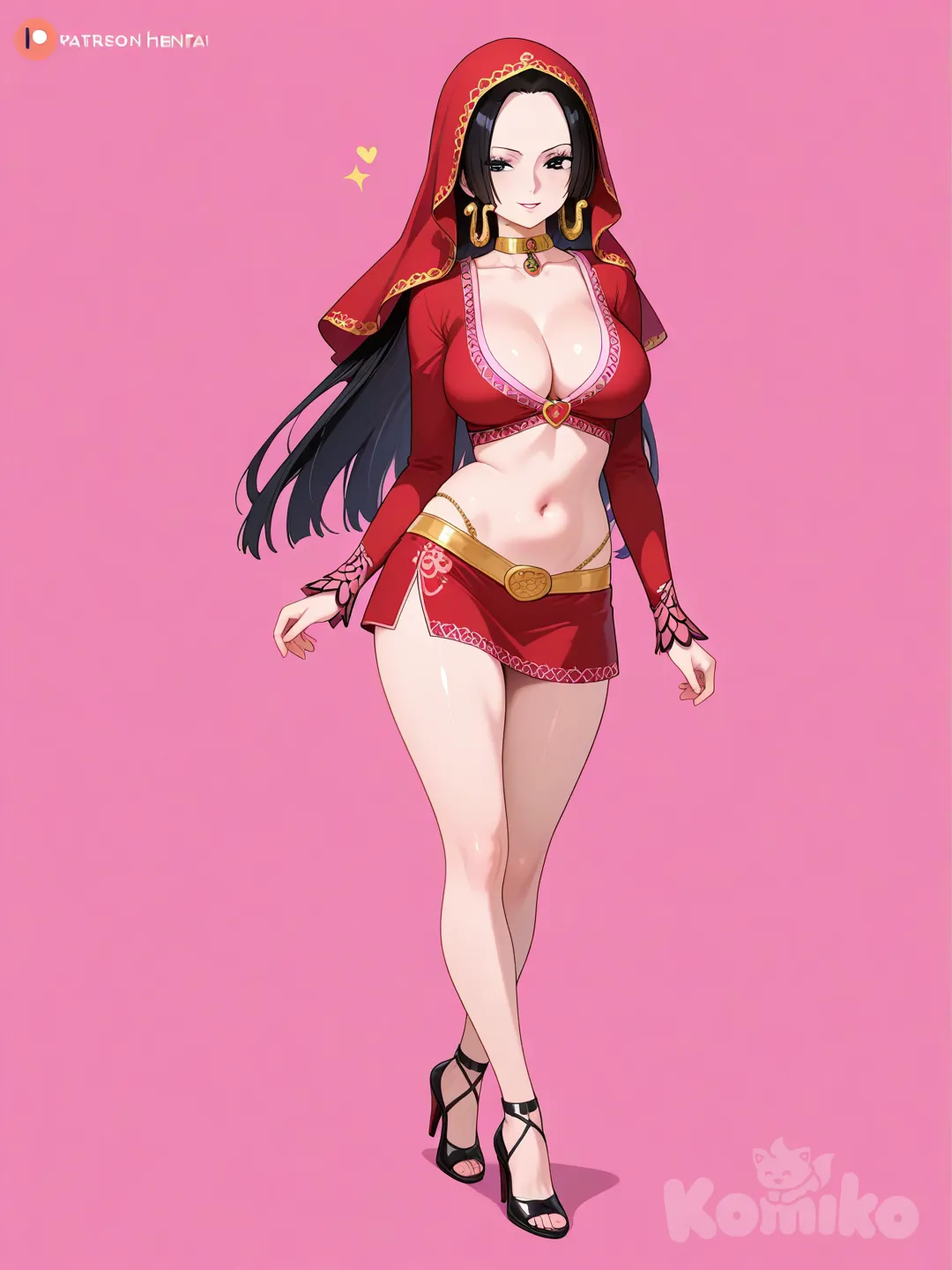 Hentai, Boa Hancock, belly dancer, mini skirt,high heels,sexy, full body,cérémonial dress, hijab, with collar