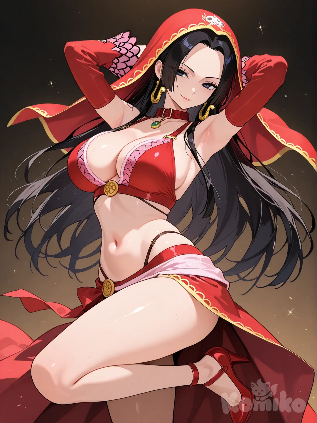 Hentai, Boa Hancock, belly dancer, mini skirt,high heels,sexy, hijab, with collar