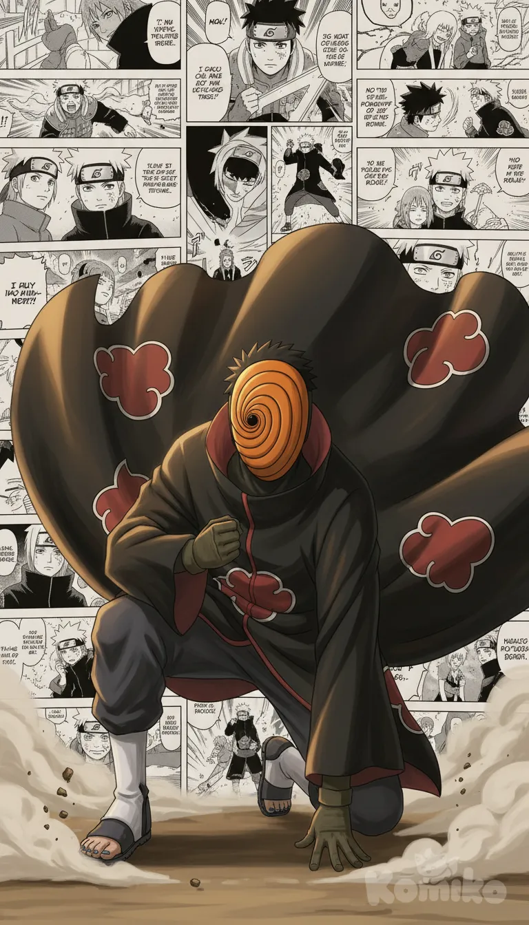 Masked Obito in a superhero-style landing pose, one knee down, cloak flaring behind him. Dust rising around his feet. Soft warm lighting, painterly shading. Background wall of manga frames highlighting key Obito moments.