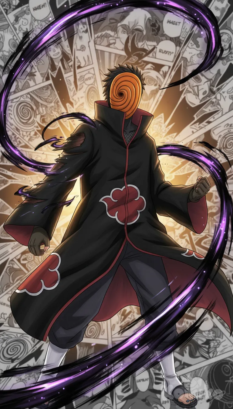 Cinematic anime illustration of masked Obito mid-action, half of his body phasing into distortion using Kamui. His cloak and hair blowing with dynamic motion. Warm soft lighting and painterly shading. Background filled with blurred manga panels showing warped spirals. High-detail action energy.