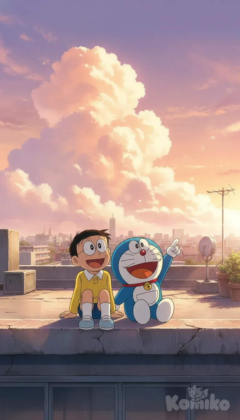 Cinematic anime illustration of Doraemon and Nobita sitting on their school rooftop during golden hour, soft Makoto Shinkai sunset lighting, warm glowing clouds, gentle breeze moving their hair, Nobita smiling while Doraemon points at the sky, dreamy atmosphere, ultra-background, nostalgic mood.