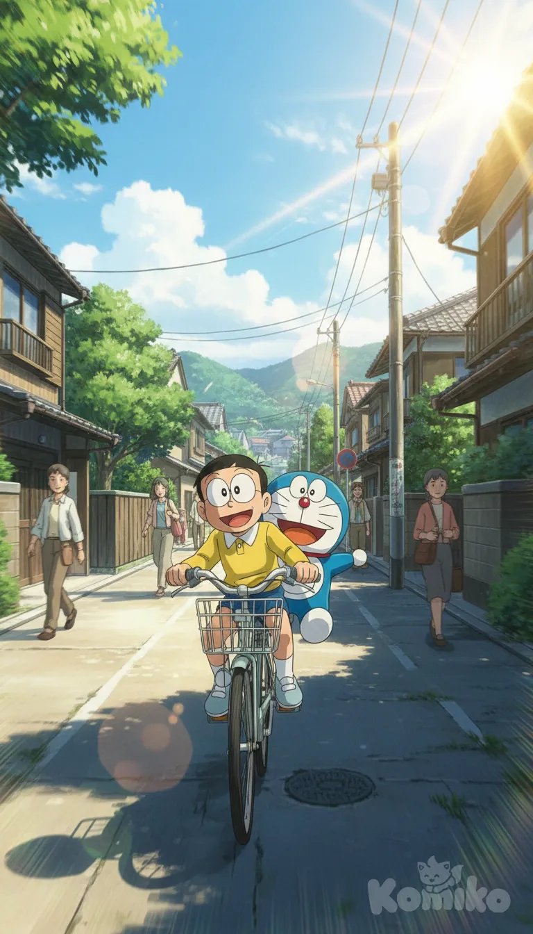 Cinematic anime scene of Nobita riding his bicycle with Doraemon seated behind him, rushing through a bright summer street filled with warm sunlight, vibrant lens flares, motion blur, Shinkai-style houses and trees, joyful and energetic mood.