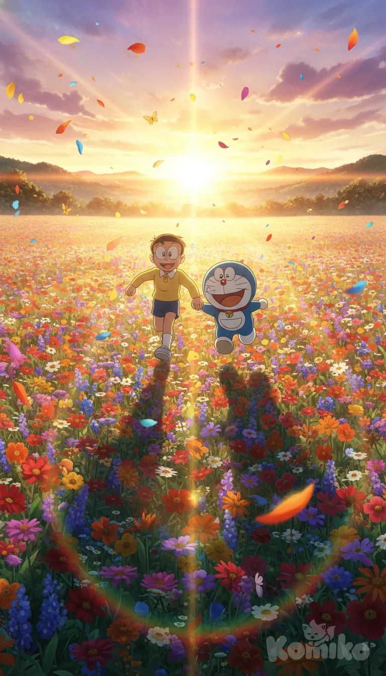 Cinematic anime shot of Doraemon and Nobita running through a vast field of flowers during sunset, petals flying in the air, warm lens flares, glowing golden light, joyful and dramatic Shinkai-inspired scenery
