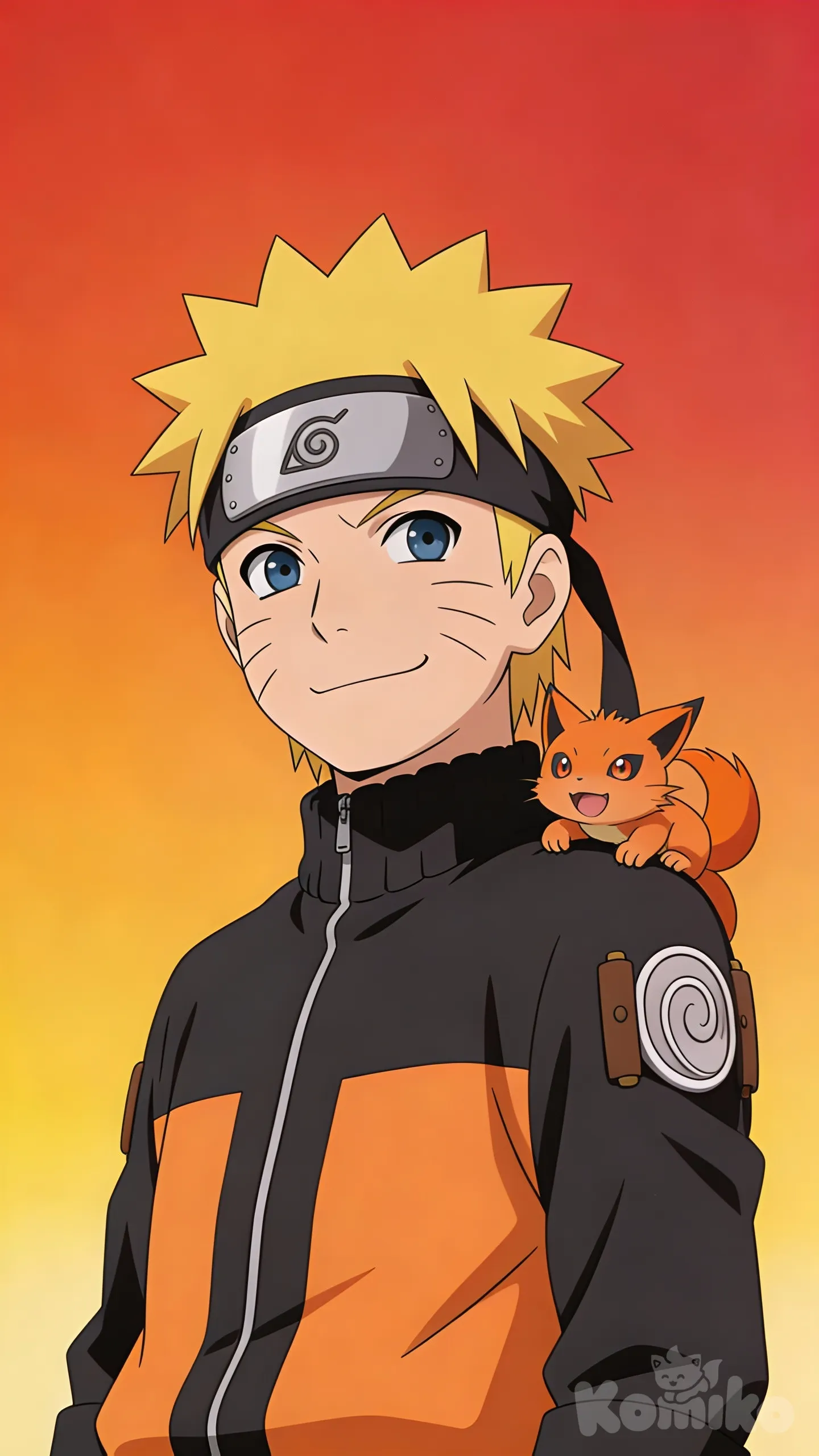 Classic anime cel-shaded illustration of Naruto Uzumaki smiling confidently with a small chibi Kurama sitting on his shoulder, clean bold anime linework, flat vibrant colors, soft cel shading, plain background with smooth blended gradient hues of orange, red, and soft yellow, minimalist backdrop, cheerful nostalgic anime aesthetic, centered composition