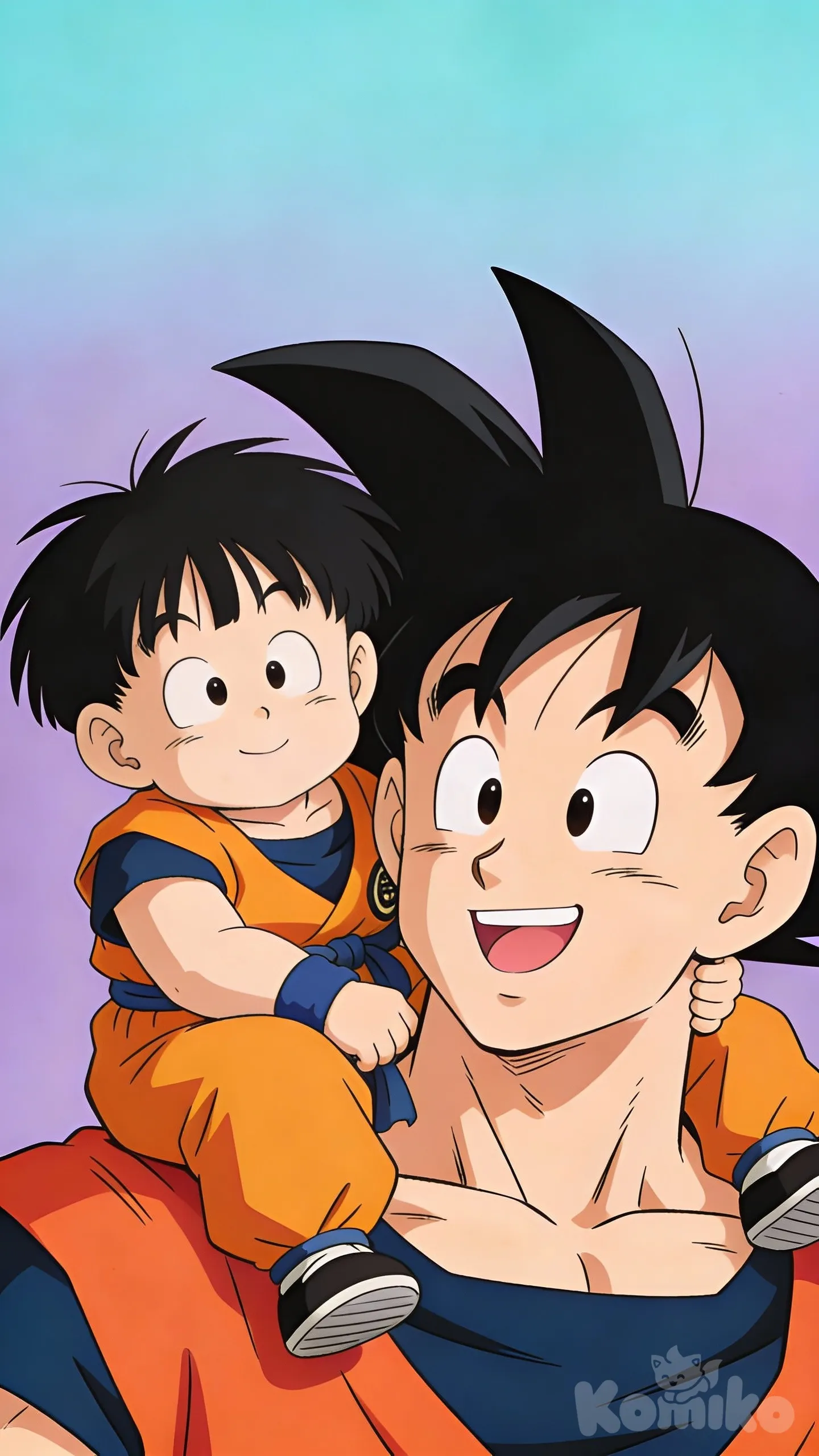 Classic anime cel-shaded illustration of Goku smiling brightly with gohan sitting on his shoulder, clean anime line art, flat vibrant colors, soft cel shading, plain background with smooth gradient hues of lavender, blue, and soft teal, simple clean backdrop, retro anime aesthetic