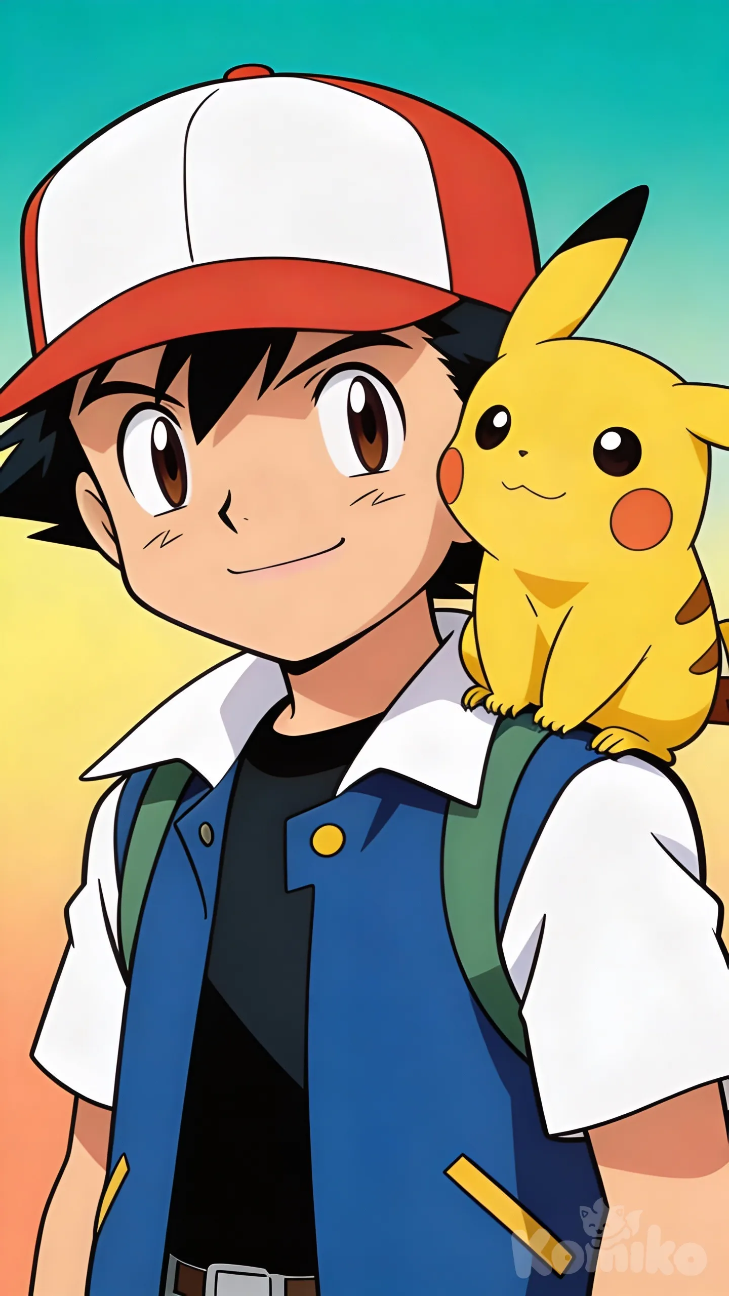 Classic anime cel-shaded illustration of Ash Ketchum smiling at the camera with Pikachu sitting on his shoulder wearing a red cap, clean bold anime linework, flat vibrant colors, soft cel shading, plain background with smooth blended gradient hues of teal, yellow, and soft orange, no scenery or objects, minimalist backdrop, cheerful nostalgic anime aesthetic, centered composition