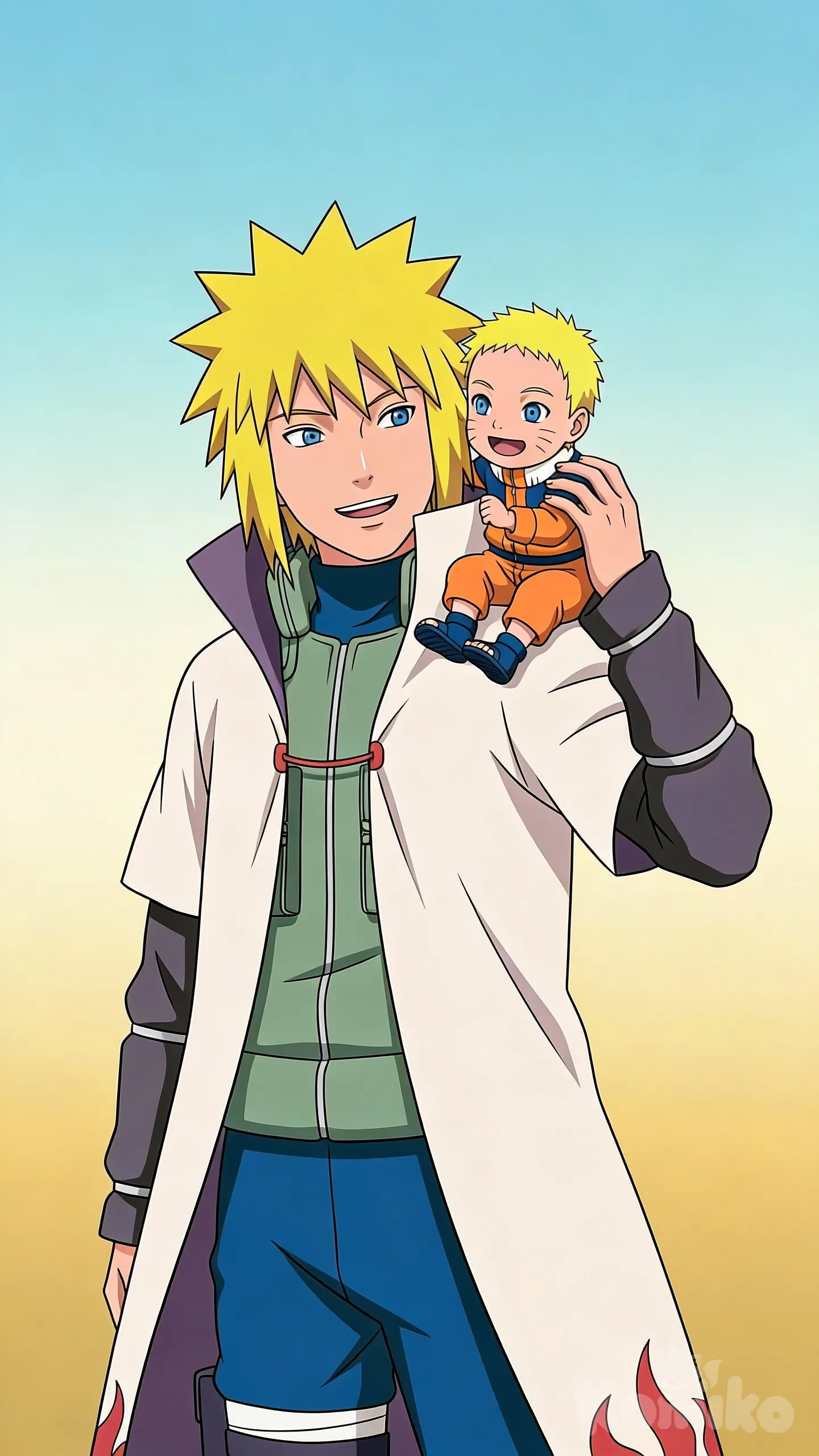 Classic anime cel-shaded illustration of Minato Namikaze full body visible smiling gently with baby Naruto sitting on his shoulder, soft expressive anime features, clean outlines, flat colors, subtle cel shading, plain background with blended gradient hues of pastel blue, cream, and soft gold, minimal poster-style background, warm nostalgic anime feeling