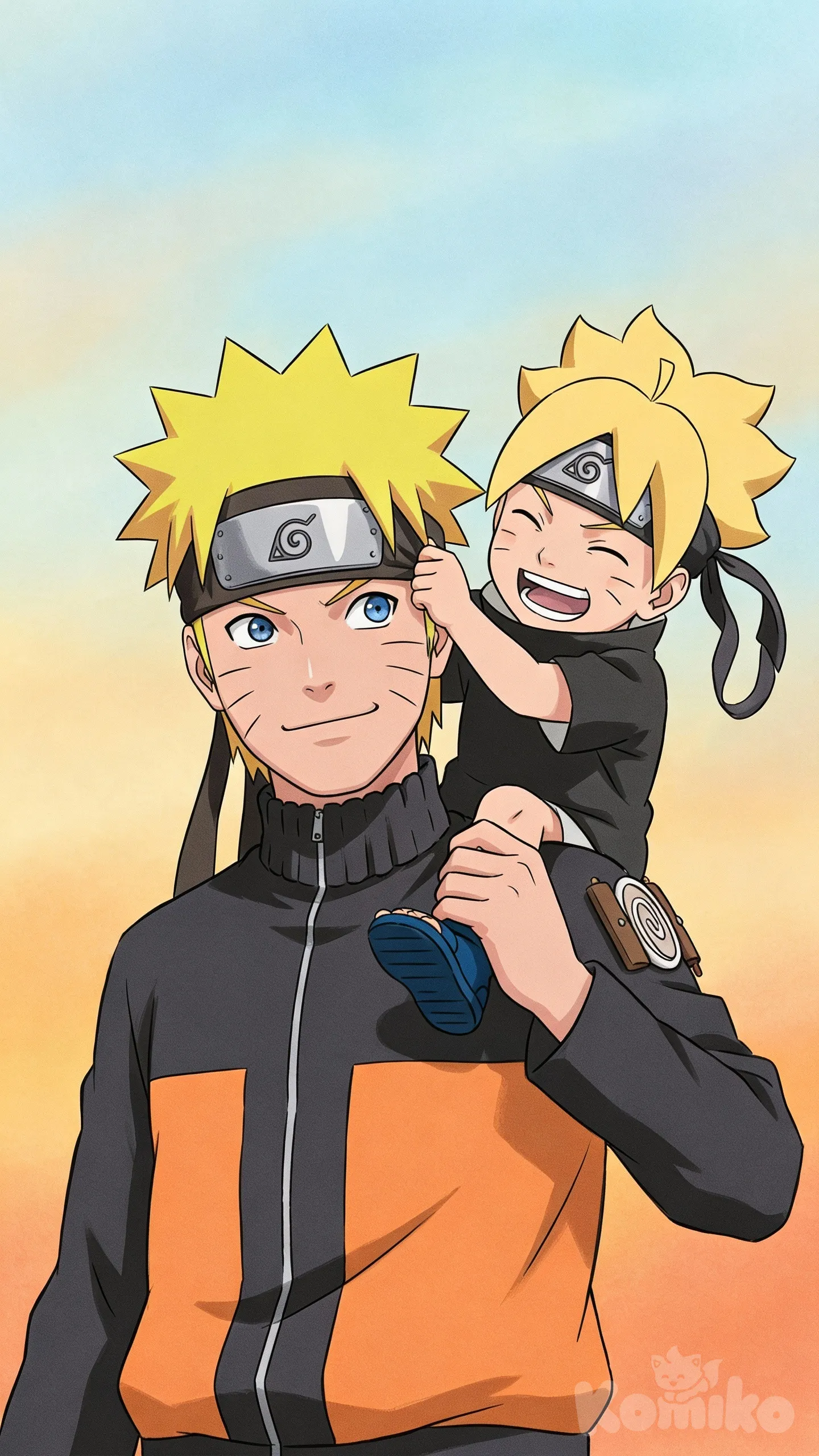 Classic anime cel-shaded illustration of Naruto Uzumaki half body visible smiling proudly with young Boruto sitting on his shoulder, Boruto laughing and holding onto Naruto’s headband, clean expressive anime style, flat colors, soft shading, plain background with blended gradient hues of orange, yellow, and soft blue, cheerful father-child ninja anime vibe, minimal background
