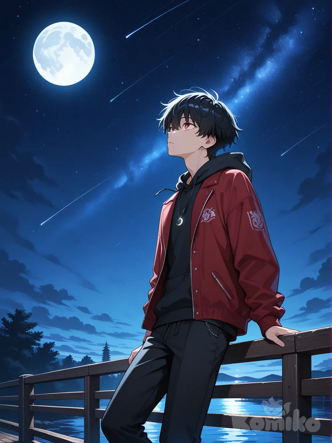chico, de pelo negro, ojos rojos carmesí, sudadera negra , una campera negra por fuera roja por dentro , pantalón negro , apoyado sobre un pasa manos de un puente de madera, mirando hacia la luna y estrellas, con un collar con forma de luna , versión anime