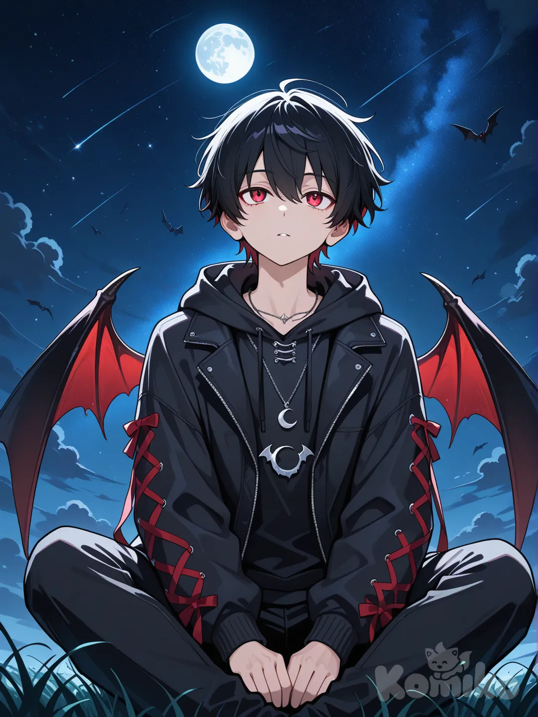 chico, de pelo negro, ojos rojos carmesí, sudadera negra , una campera negra por fuera roja por dentro , pantalón negro , alas negras , sentado en el césped, mirando hacia la luna y estrellas, con un collar con forma de luna , versión anime