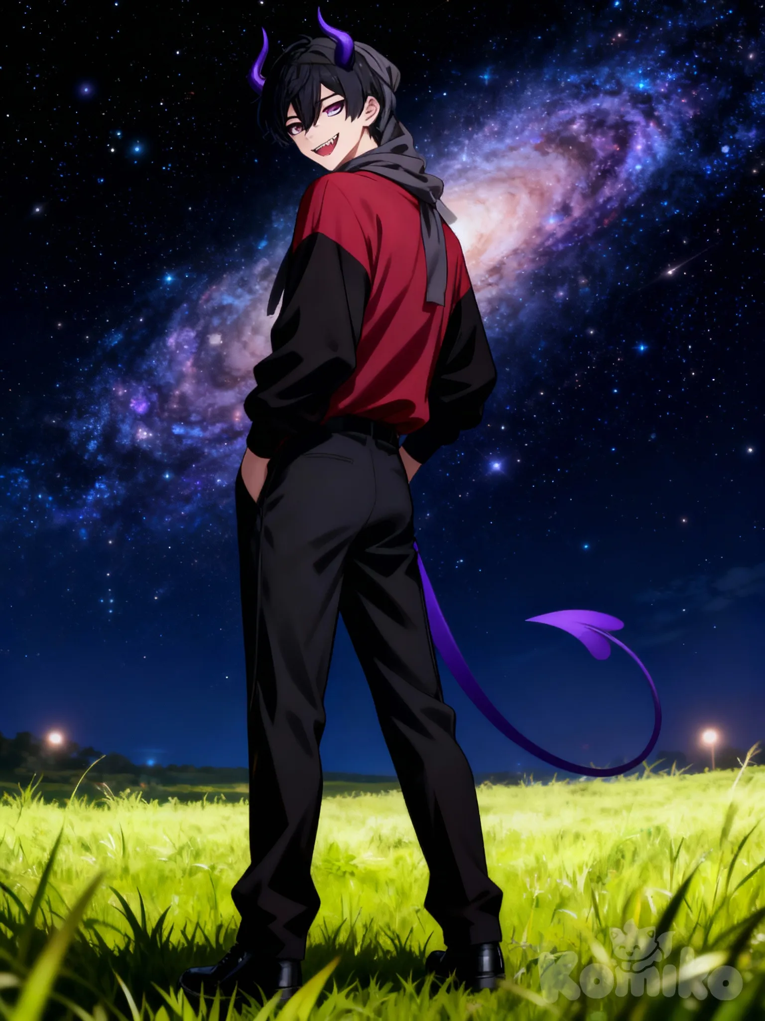 @santiago-5WBl, evil smile, headscarf, looking at viewer, ambient light, looking back, cosmic background, grassland