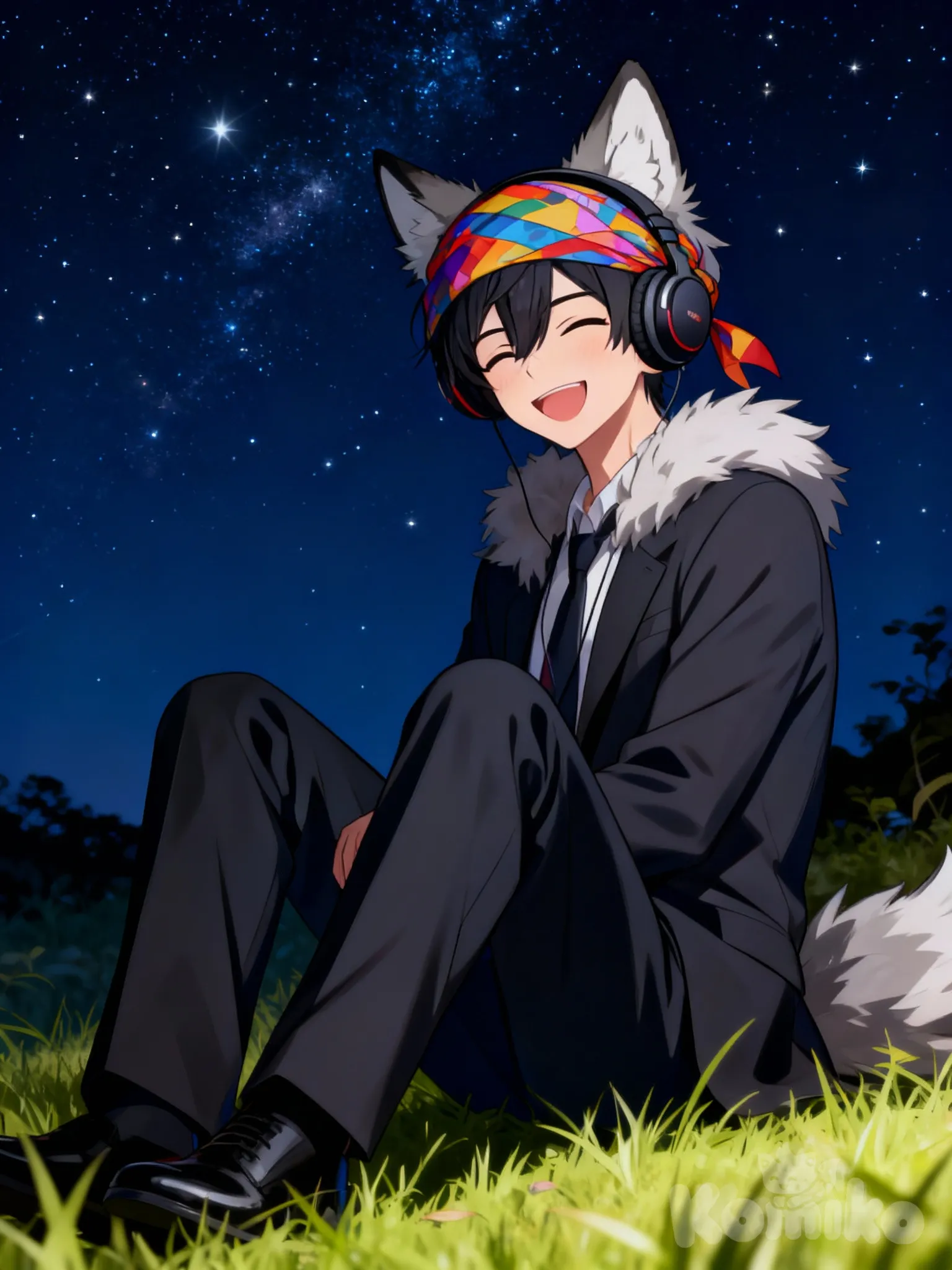 @santiago-5WBl , sentado en el césped sitting on the ground, one eye closed, smile, suit pants, headscarf, headphones, wolf ears, night