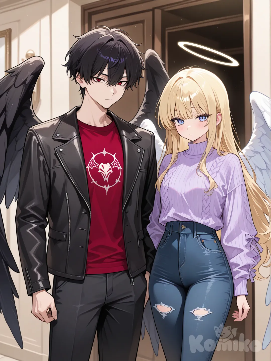 1boy , demonio, remera roja, campera negra,jeans, alas negras, 1girl , angel , suéter púrpura, pantalones negros, alas blancas