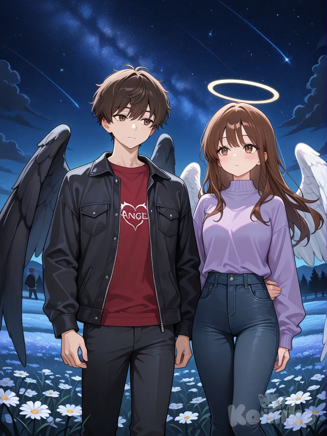 1boy , demonio, remera roja, campera negra,jeans, alas negras 1girl , angel , suéter púrpura, pantalones negros, alas blancas , color de pelo marrón, ojos cafe , en una pradera de noche