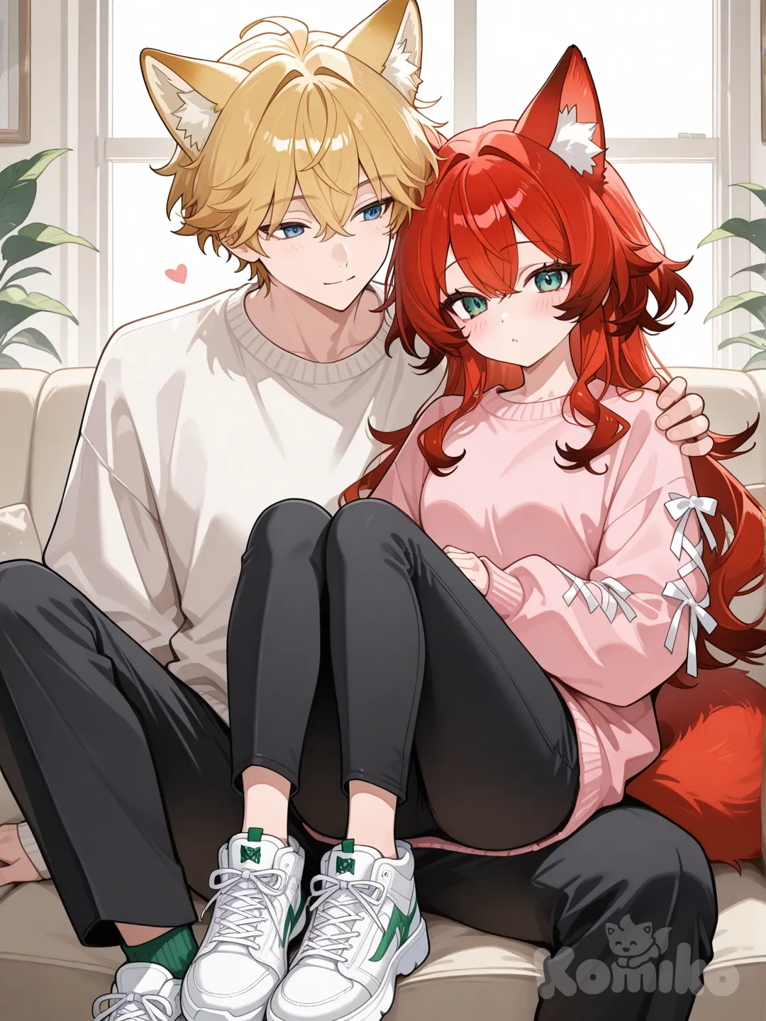 1boy, suéter blanco, pantalón negro y zapatillas blancas, pelo rojo, ojos verdes esmeralda, con unas orejas de lobo, 1girl , pelo rubio, ojos celestes, suéter rosado, pantalón negro, y unas orejas de zorro, zapatillas blancas, sitting on lap