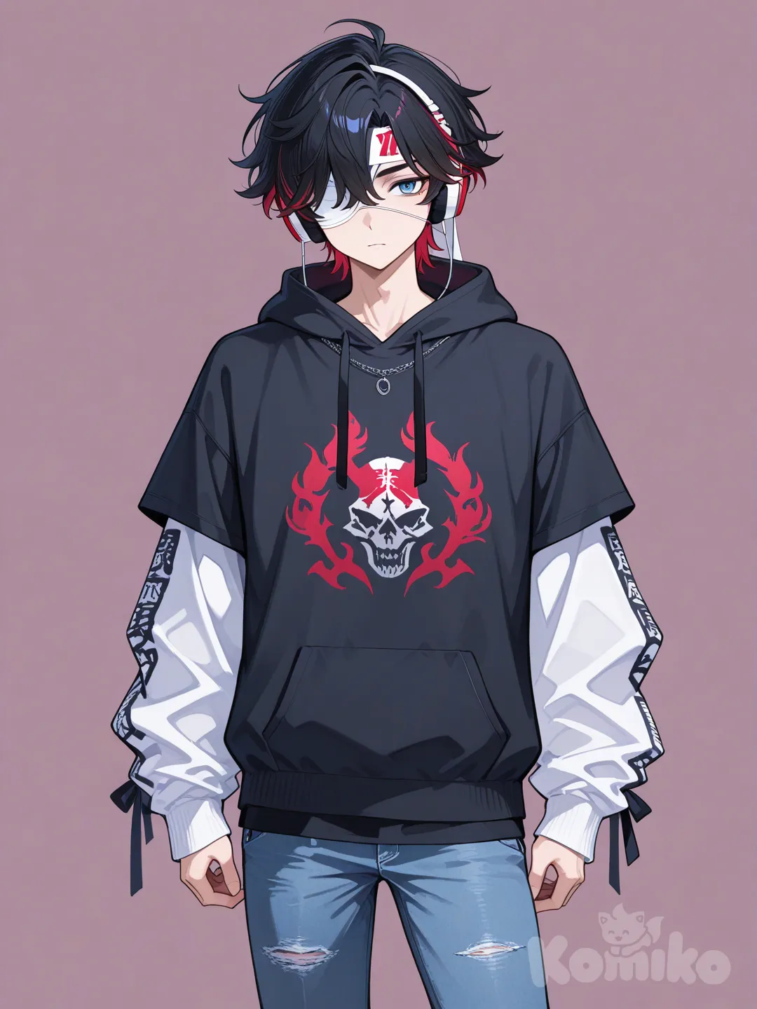 1boy, hoodie negro con mangas blancas, jeans, headphones , pelo de color negro con algunas mechones rojos, ojos azules, headband en el ojo derecho