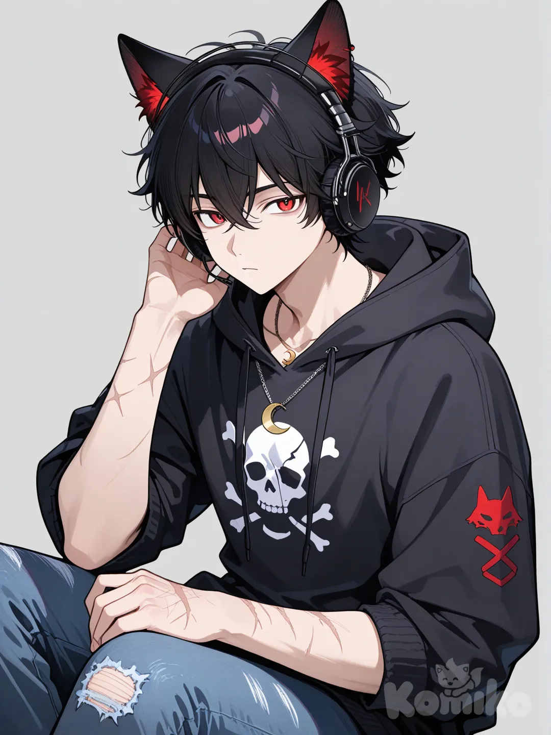 1boy,teenager , black hair, red eyes, hoodie negra que tenga una calavera en la parte de enfrente y que este arremangada los mangas, wolf ears, jeans , con una cicatriz en la mano derecha con unos auriculares, y un collar con una luna