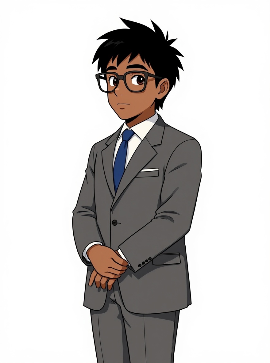 1boy, middle-aged, black hair, brown eyes, dark skin, wearing glasses, full body character design: front, side, back and 3/4 view, single character, full body, looking at viewer, anime style, simple background, white background