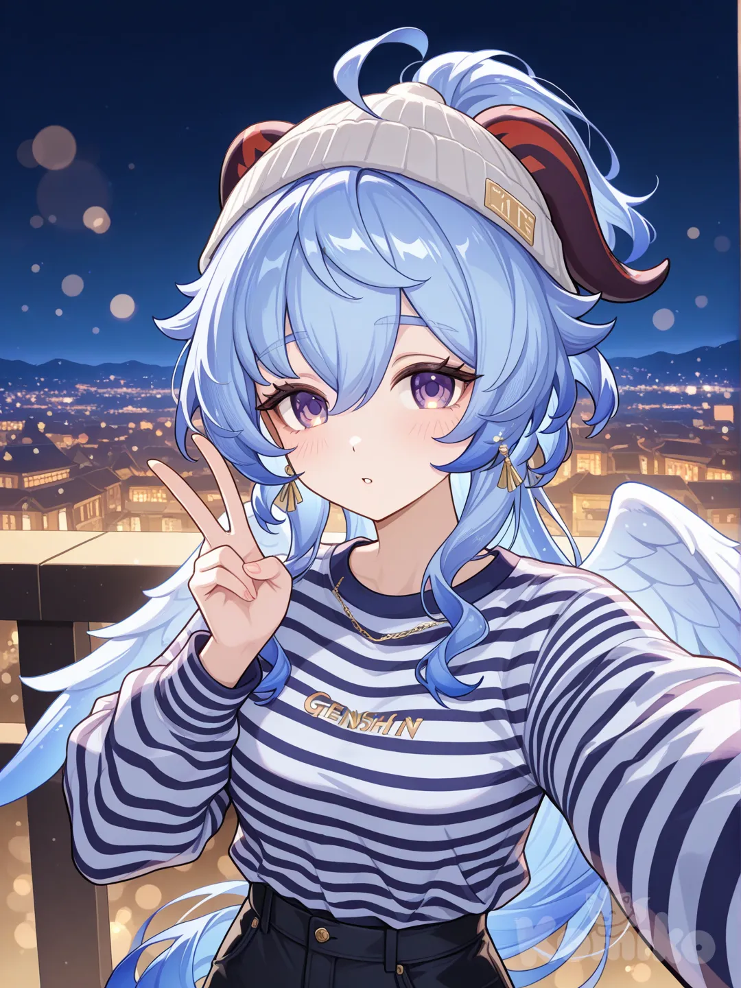 @Ganyu_(Genshin_Impact), selfie, v sign, striped shirt, casual pants, angle wings, earrings, beanie, spiky hair, high ponytail, headshot, night, cityscape
