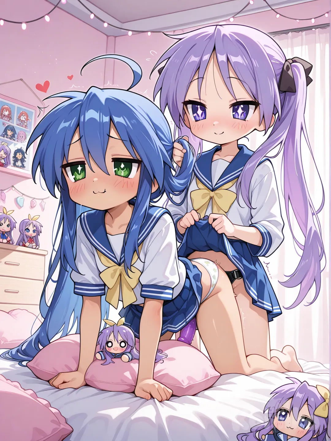 Kagami Hiiragi from Lucky Star being super flustered tsundere girlfriend, long purple twin tails bouncing cutely, face bright pink blush spreading to ears, violet eyes sparkling shyly looking away while pouting "b-baka… don't move so much…", small soft smile trying to hide embarrassment, wearing cute slightly oversized school blouse with sleeves rolled up and skirt, gently holding Konata's hips with trembling hands, carefully using a small smooth pastel-colored strap-on dildo in the sweetest way possible, slow gentle rocking motion full of love and care, bodies close cuddling warmly from behind in soft doggy-style cuddle position on fluffy bed with lots of pillows and blankets,

Konata Izumi super happy cute otaku girlfriend, petite body relaxed and comfy, long blue side ponytail swaying playfully, green eyes sparkling with joy and mischief, big bright smile giggling "kagamin~ you're so gentle… it tickles~ ♡", light adorable blush on cheeks, school uniform skirt lifted just a little, white panties with cute patterns slightly aside, smooth soft skin glowing warmly, small breasts softly squished against pillow, hands clutching cute plushie or blanket happily, tail-wagging energy even though no tail, pure joy and affection expression with heart-shaped sparkles around her,

super fluffy yuri moment full of love teasing and giggles, lucky star moe anime style vibrant pastel colors chibi-cute faces big sparkling eyes shiny hair floofy strands, cozy warm bedroom with soft fairy lights string lights glowing softly, otaku room full of cute anime plushies manga stacks figures smiling in background, pillows everywhere heart-shaped blankets pastel sheets, atmosphere of pure sweetness affection playfulness and mutual adoration, no pain no tears no intensity just wholesome cuddly intimacy, tiny hearts floating around them, ultra nsfw very light subtle fanservice cute edition