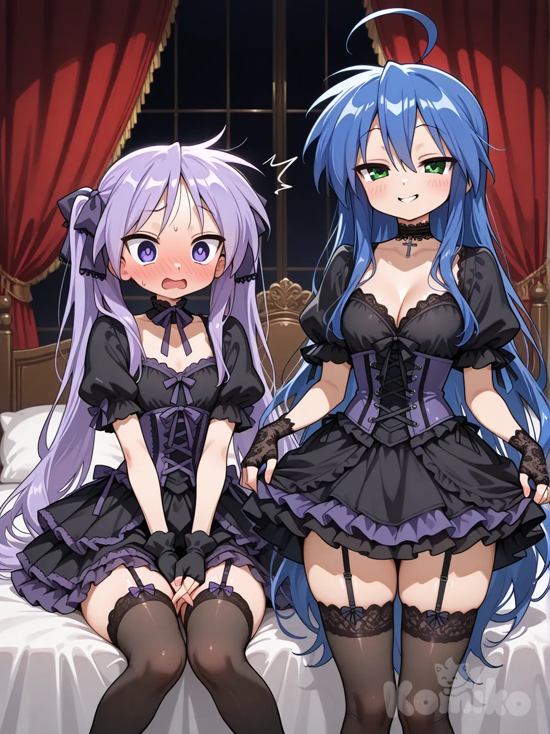 Konata Izumi and Kagami Hiiragi from Lucky Star, 18 years old, duo in ultra fluffy sensual gothic lolita style, intimate gothic bedroom setting with dim candlelight, red velvet curtains, soft dramatic shadows, Konata on the left: cute mischievous anime girl with very long shiny vibrant blue hair reaching her calves, messy strands with prominent large ahoge, green sleepy teasing eyes, playful seductive coy smile winking flirtatiously at Kagami or viewer, wearing highly sensual fluffy gothic lolita outfit: tight black velvet and lace corset top cinching waist, low sweetheart neckline with cleavage emphasis, intricate black lace frills, short puffed sleeves, extremely fluffy short skirt with massive layered petticoats super puffy voluminous bell-shaped, multiple tiers black ruffled frills lace, exposing thick thighs, sheer black thigh-high stockings lace tops, prominent black thigh garters with fluffy bows ribbons small crosses hearts, garter straps tight visible gripping thighs, black lace choker fluffy ribbon, fingerless gloves, provocative cute pose: hip cocked out, one hand fluffing massive puffy skirt teasingly showing garters and thighs, legs slightly apart, Kagami Hiiragi on the right: long messy light purple hair in twin tails with purplish-brown ribbons, purple tsurime eyes, flustered shocked surprised expression heavy blushing cheeks mouth slightly open staring at Konata's outfit and pose, wearing matching fluffy gothic lolita: elegant dark purple-black corset with lace details cinching waist, modest but low neckline, frilly short puffy skirt with enormous petticoats voluminous black-purple ruffles lace tiers, sheer thigh-high stockings, tight thigh garters with bows ribbons in purple tones, choker with ribbon, sitting on edge of bed or standing close with hands clasped nervously, looking at Konata with tsundere embarrassment, anime style, highly fabrics: shiny velvet lace intricate patterns massive fluffy petticoats sheer stockings garter tension bows, vibrant shiny blue hair Konata contrasting soft light purple twin tails Kagami, (ultra sharp focus, fanservice fluffy gothic lolita atmosphere, voluminous skirts emphasis, intimate duo composition)