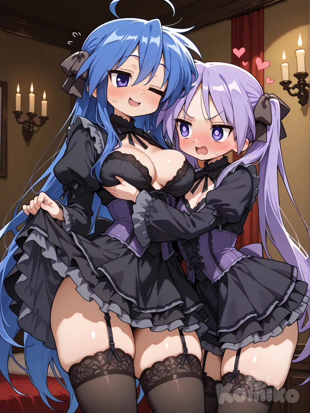 Konata Izumi 18+ Lucky Star naughty playful winking at Kagami, very long shiny vibrant blue hair messy ahoge, ultra fluffy sensual gothic lolita: tight black lace corset plunging neckline pushing chest, enormous puffy short skirt layered petticoats maximum fluff volume bouncing ruffles, sheer black thigh-high stockings, prominent thigh garters fluffy bows hearts crosses straps gripping thick thighs tight visible, provocative pose arched back hand lifting fluffy skirt teasing garters thighs curves, gothic bedroom dim red candles shadows, Kagami Hiiragi beside long messy light purple twin tails purplish ribbons purple eyes wide shocked heavy blush open mouth flustered staring intensely at Konata's outfit and exposed thighs, wearing elegant fluffy gothic lolita purple-black corset modest neckline super voluminous puffy skirt petticoats garters stockings, hands clenched tsundere embarrassment, anime rendering high detail intricate lace velvet massive fluffy petticoats sheer stockings garter shine, vibrant blue hair contrast light purple hair, (nsfw undertones, ultra fluffy gothic sensual duo vibe)