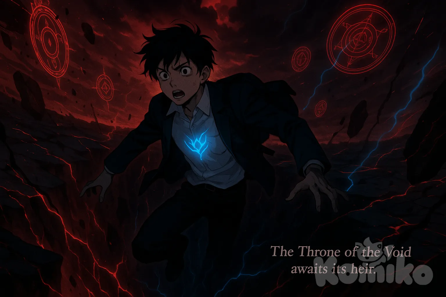Garoto japonês Takashi corre atrasado pra escola. O céu fica vermelho, o chão se parte e ele cai num abismo negro cheio de energia carmesim. Símbolos mágicos flutuam, e uma marca azul brilha em seu peito. Voz sombria sussurra: “O Trono do Vazio aguarda o herdeiro.” Estilo anime sombrio tipo Solo Leveling, luz vermelha e azul, câmera lenta e trilha épica