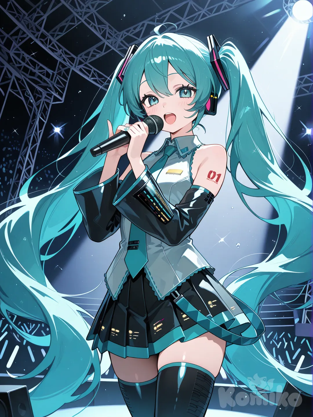@Hatsune_Miku, singing, looking at viewer, top light, stage