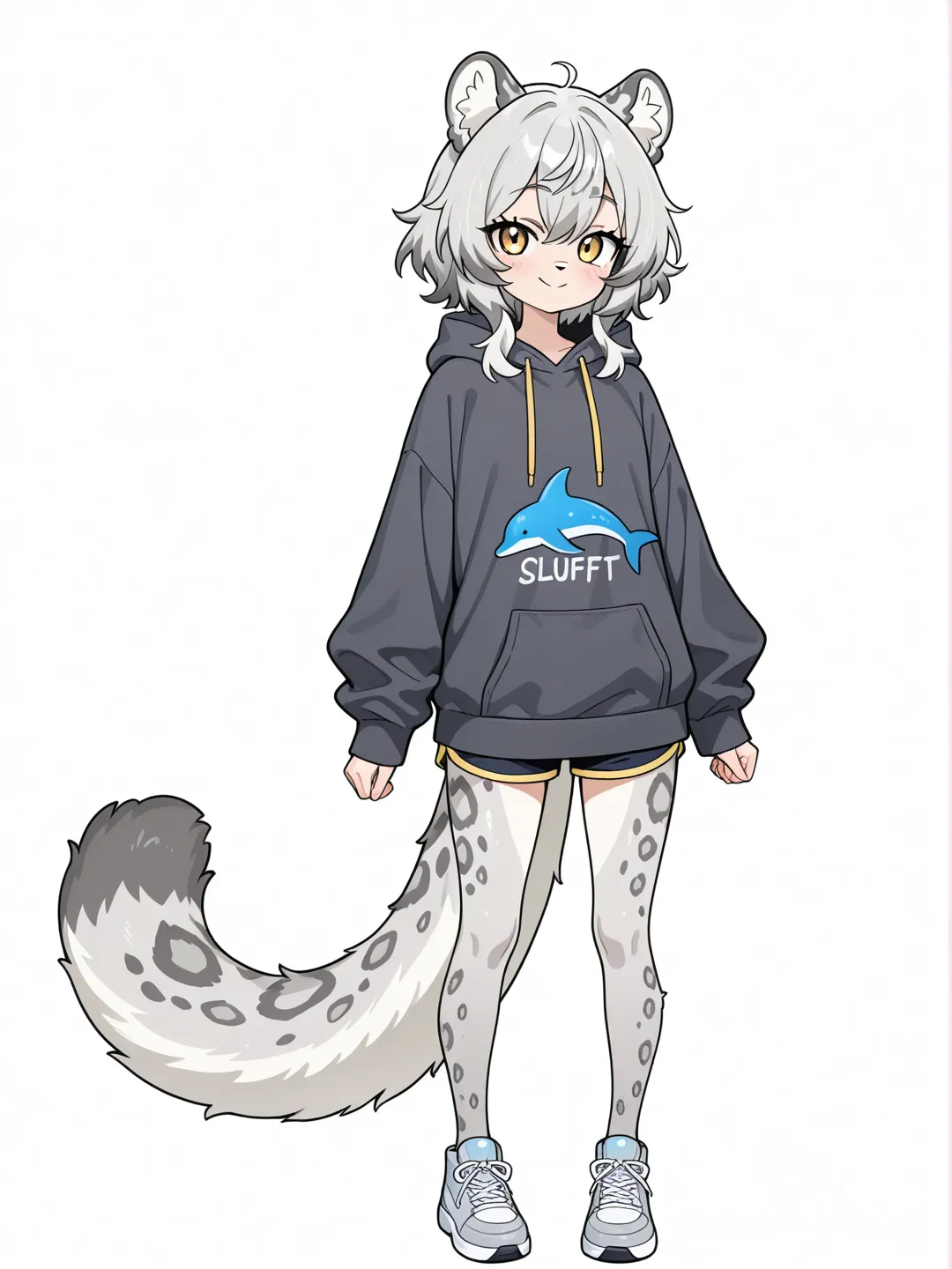 Cute anthropomorphic snow leopard girl, female, young adult, fluffy fur with classic snow leopard rosette spots, light gray and white fur, long thick ringed tail, large golden-yellow eyes, expressive face, small pink nose, wearing an oversized dark gray hoodie with drawstrings and front pocket, paired with short dolphin shorts featuring a playful blue dolphin pattern, casual comfy style, standing pose, full body visible, clean white background, highly anime style, soft shading, vibrant colors, cute and energetic expression, perfect anatomy, tail visible and fluffy