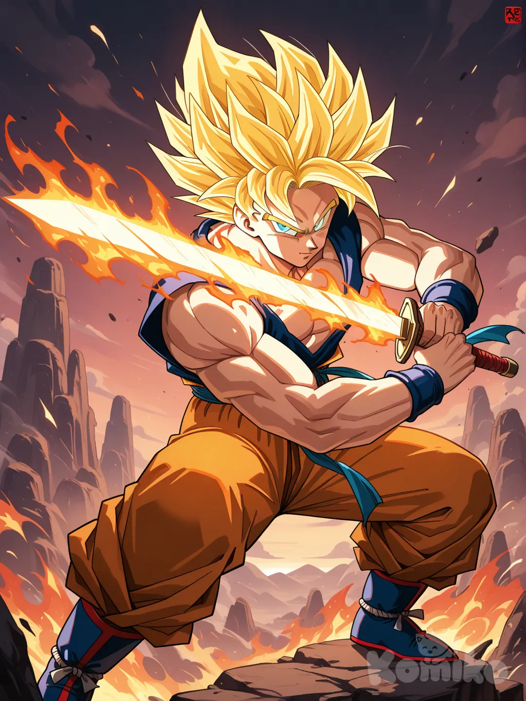 son goku, gold, dragon, flaming sword