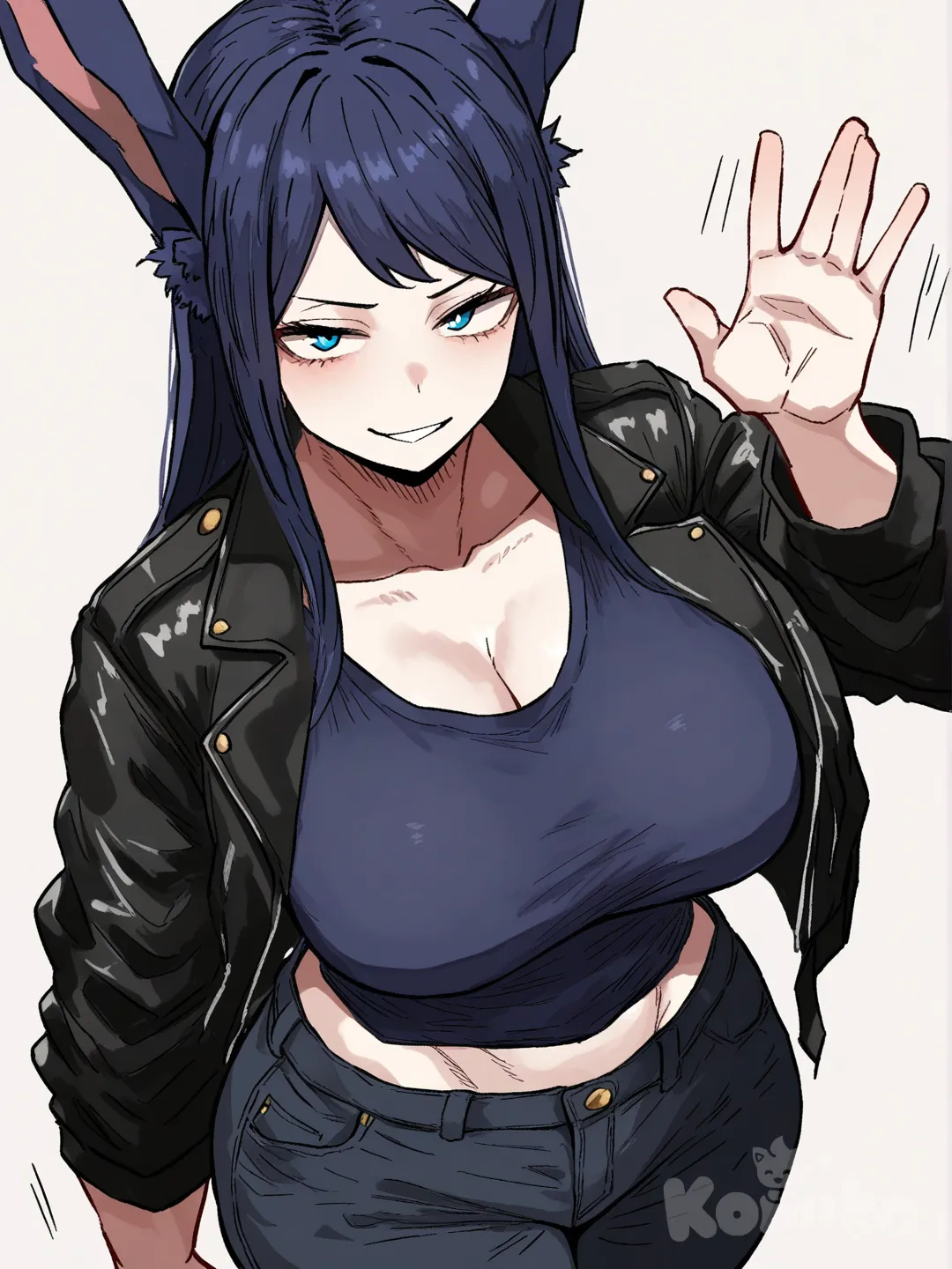 1 female, athletic body, teenager, tall, Dark blue rabbit ears instead of regular ones, long dark blue hair, light blue eyes, pale skin, big breasts, huge muscular hips, big butt, Black leather jacket, dark blue t-shirt, black jeans, waving, Facing the viewer, The character faces the viewer, smirk, from above, my hero Academia, portrait, white background, [hentai-style]