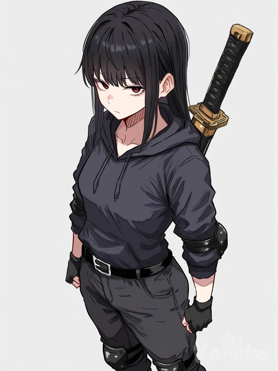 1 female, athletic body, teenager, tall, long Black hair, red eyes, pale skin, small breasts, Black hoodie with long sleeves, Black belt, Black pants, Black fingerless gloves, Black elbow pads, Black knee pads, [hentai-style], 18 years, upper body, from above, looking at viewer, Ninjato sword on the back, white background