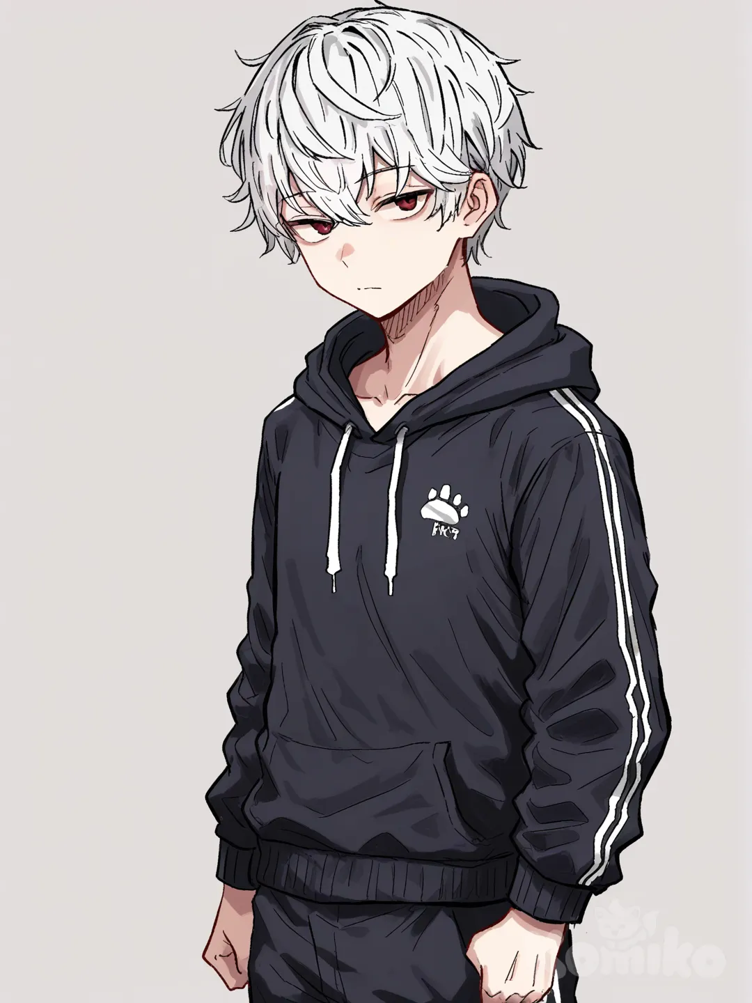 1 male, athletic body, teenager, tall, short white hair, light red eyes, pale skin, Black hoodie with long sleeves, Black sport pants, 18 years, clean background, Facing the viewer, [hentai-style], upper body, expressionless