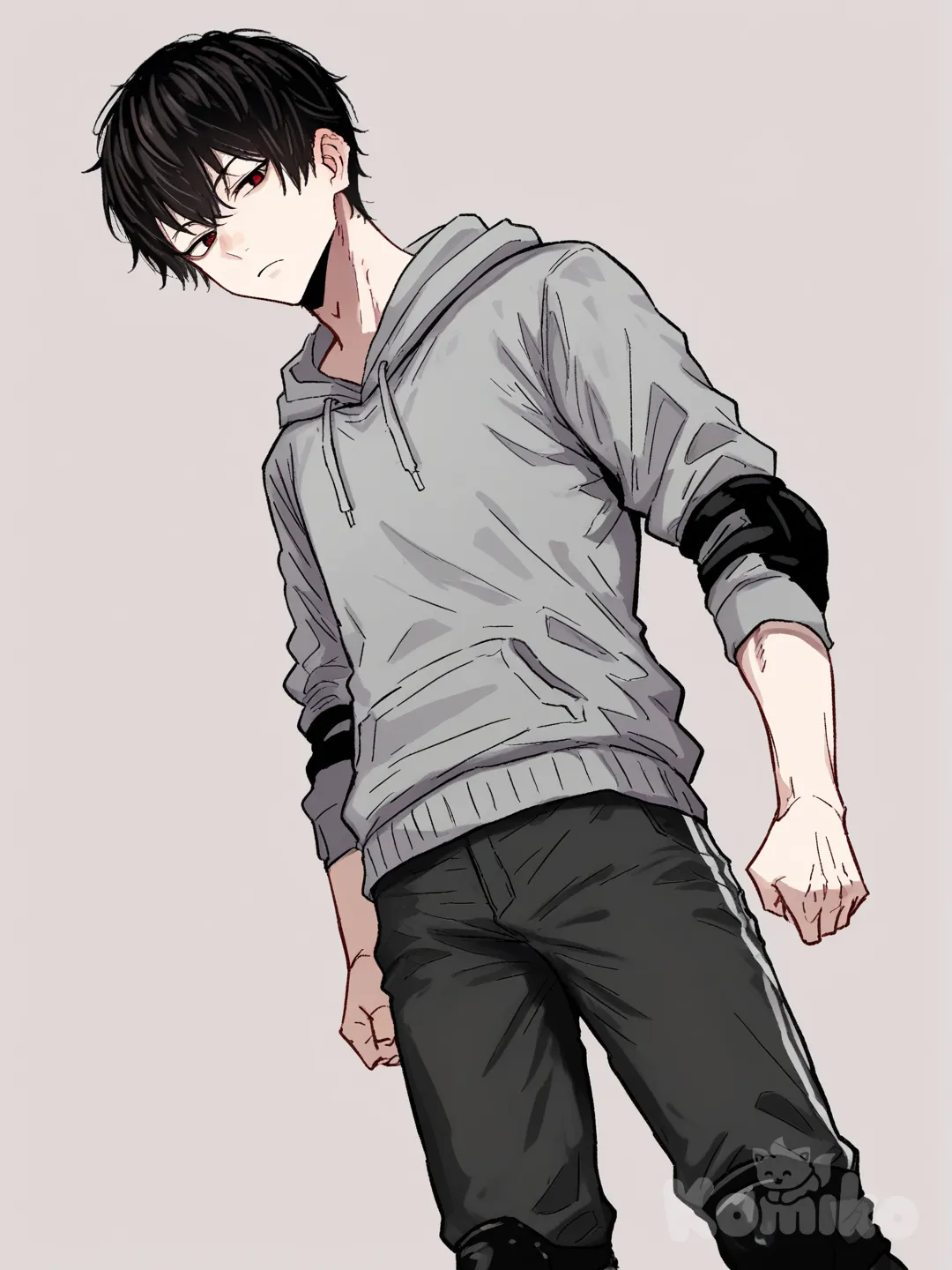 1 boy, scrawny athletic body, tall, short black hair, red eyes, pale skin, Sharp claws, grey hoodie with long sleeves, Elbow pads, Knee pads, black sports pants, clean background, [hentai-style], looking at viewer, upper body, frown, expressionless