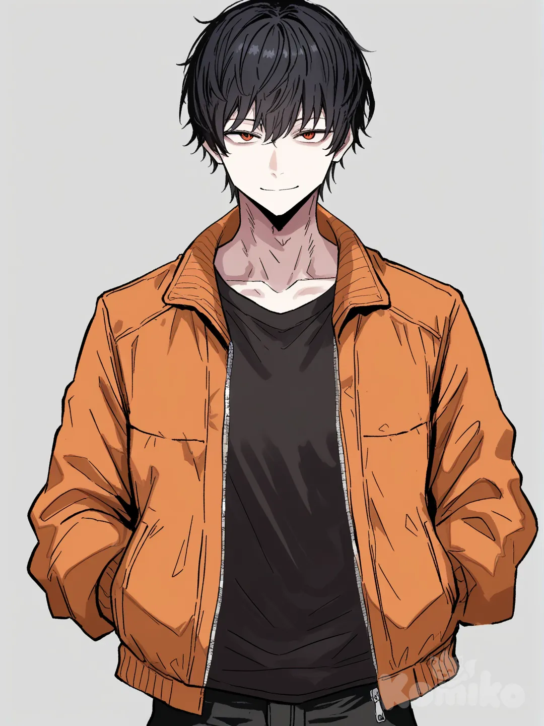 1 boy, scrawny, athletic body, tall, short black hair, orange eyes, pale skin, A buttoned-up orange sports jacket with a zipper worn over a black T-shirt, black sports pants, clean background, [hentai-style], looking at viewer, upper body, smile