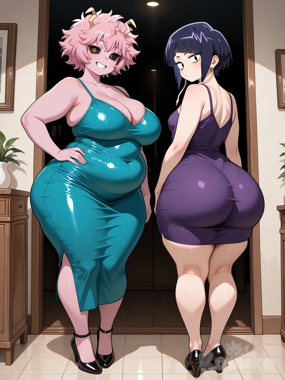 Están Ashido_Mina posando en un vestido apretado, tiene muchas caderas y una barriga gorda, con pechos grandes, a su lado está Jirou_Kyouka, muy delgada pero con unas caderas anchas y un culo muy gordo, también en vestido apretado