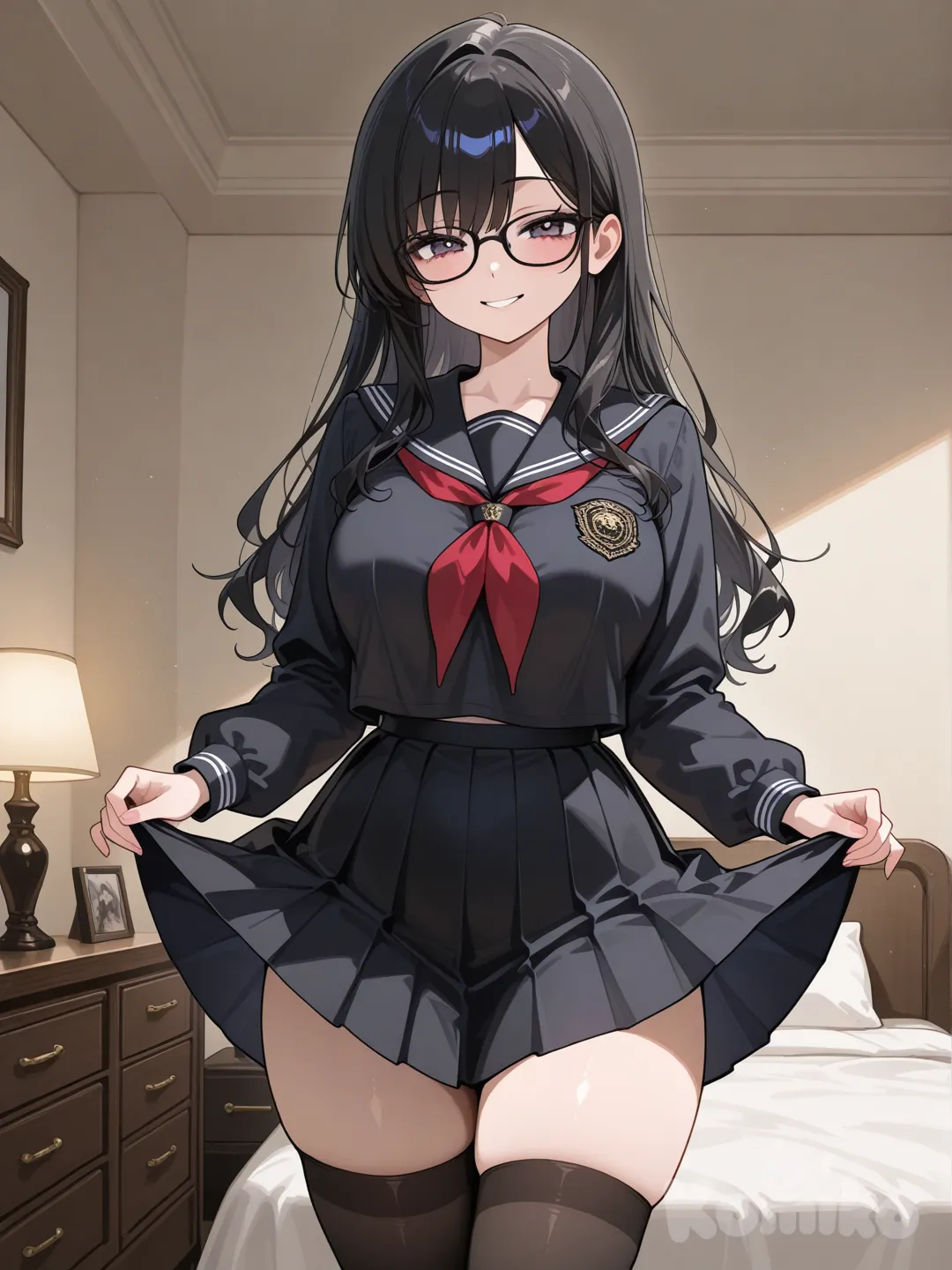 Perempuan muda kacamata rangka hitam, dengan rambut hitam lurus terurai, ekspresi percaya diri, mengenakan seragam sekolah warna hitam mewah ketat, rok hitam pendek, payudara besar, stocking hitam, rok berkibar, latar ruangan mewah, pencahayaan halus, bayangan halus, pov depan.