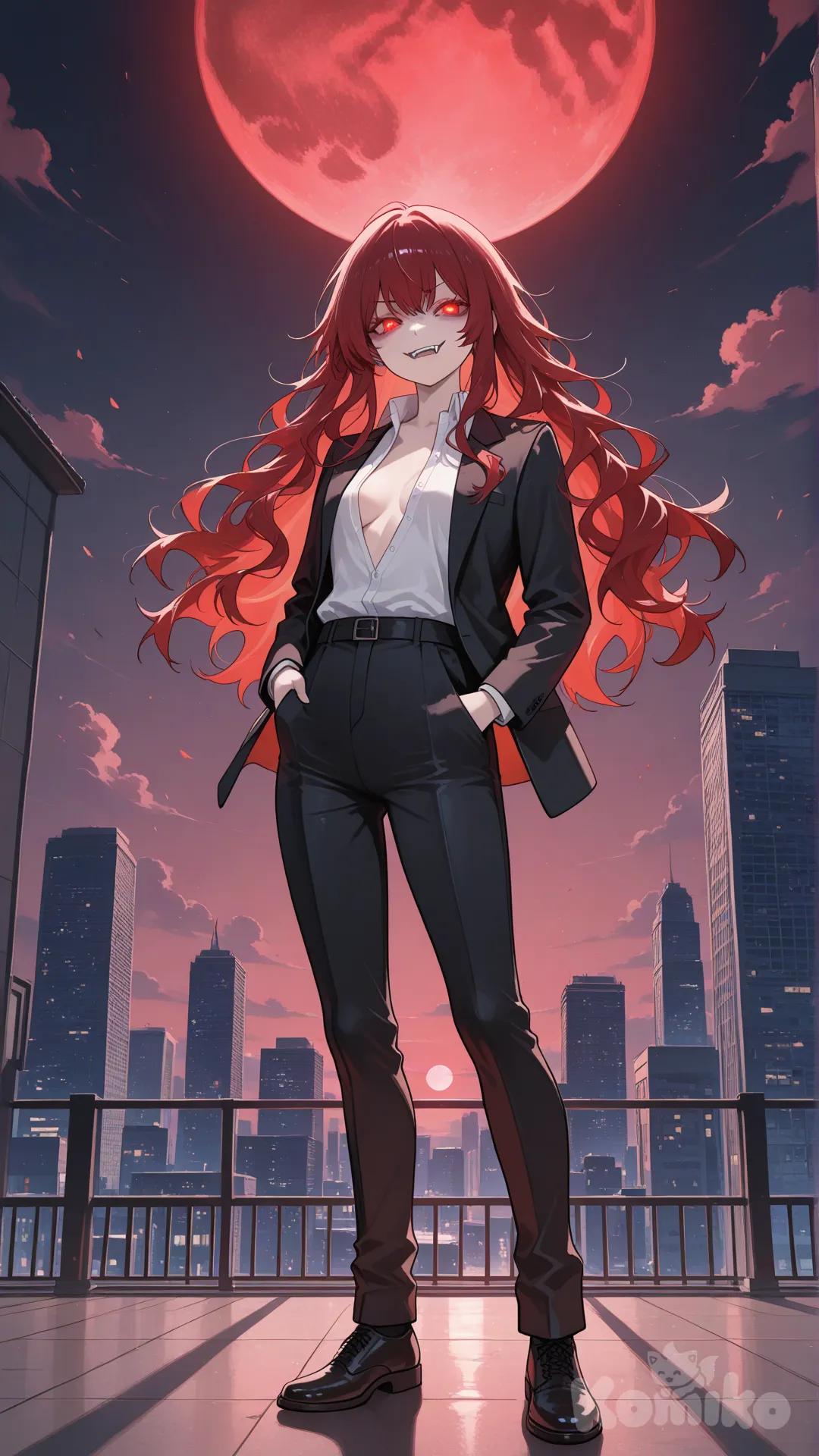 A girl with wavy red hair, combed in the middle. She has bright ruby red eyes typical of ghouls. Fangs. She unleashes the power of her kagune bikaku. Wearing a white shirt with the top button open, and a black suit with matching pants. Her hands in her pockets. Standing tall. An evil smile. The background is on top of a skyscraper. The night is slightly cloudy, the super big red moon shines brightly. An eerie atmosphere. Very . The best work. Tokyo ghoul.